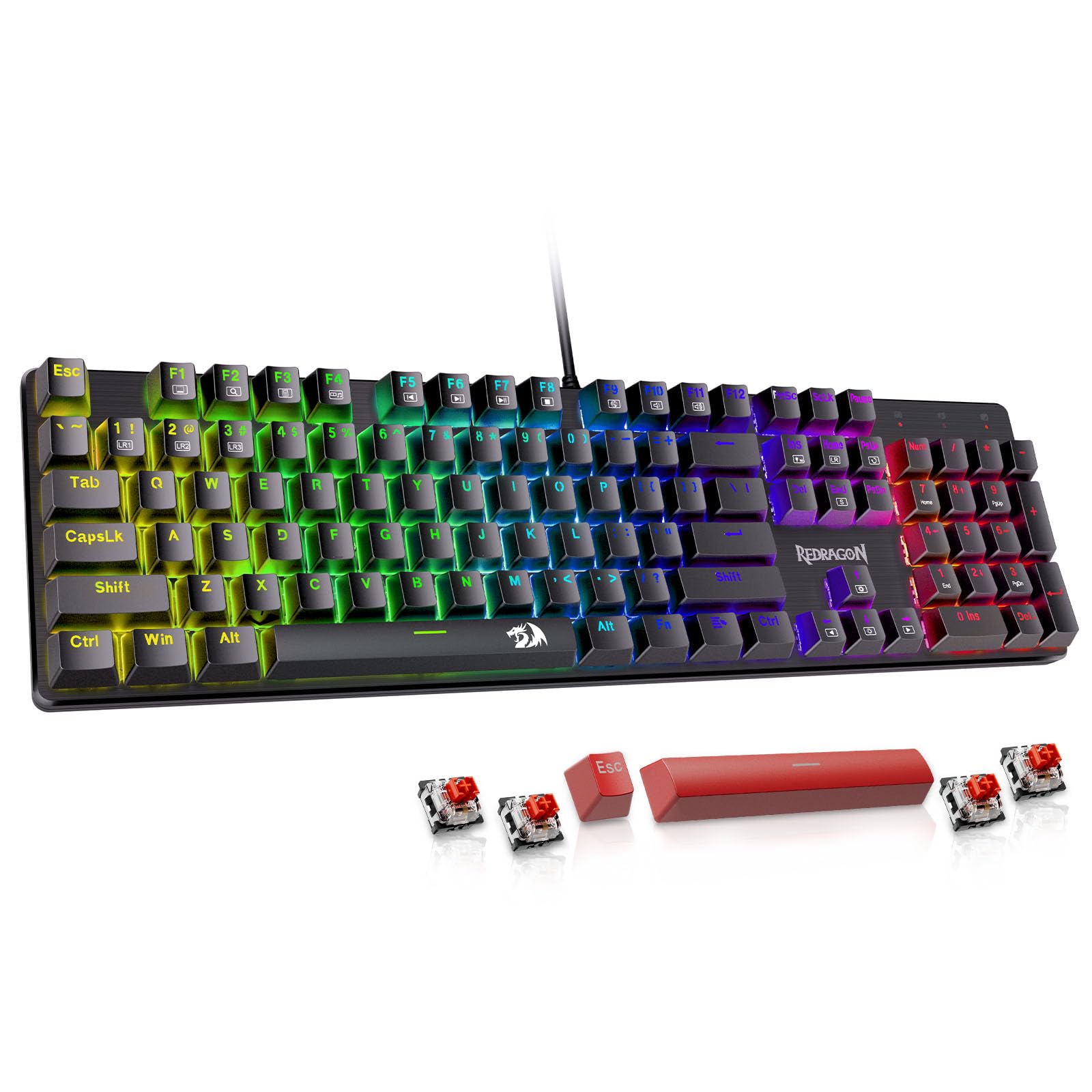 Redragon Mechanical Gaming Keyboard Wired, 11 Programmable Backlit Modes, Hot-Swappable Red Switch, 