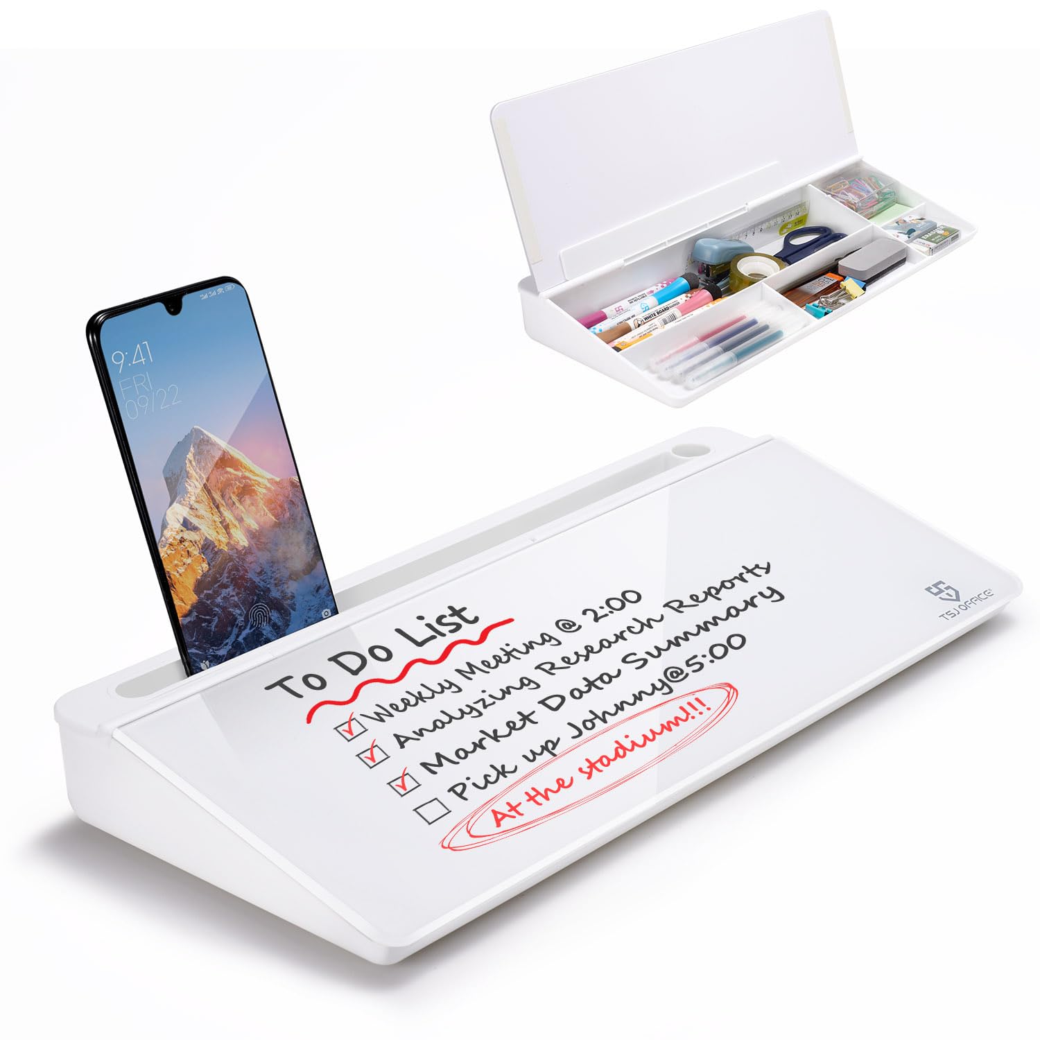 TSJ OFFICE Small Desktop Whiteboard -Glass Dry Erase Board Computer Keyboard Stand White Board Surface Pad with Drawer, Desk Organizers with Accessories for Office, Home, School Supplies - White