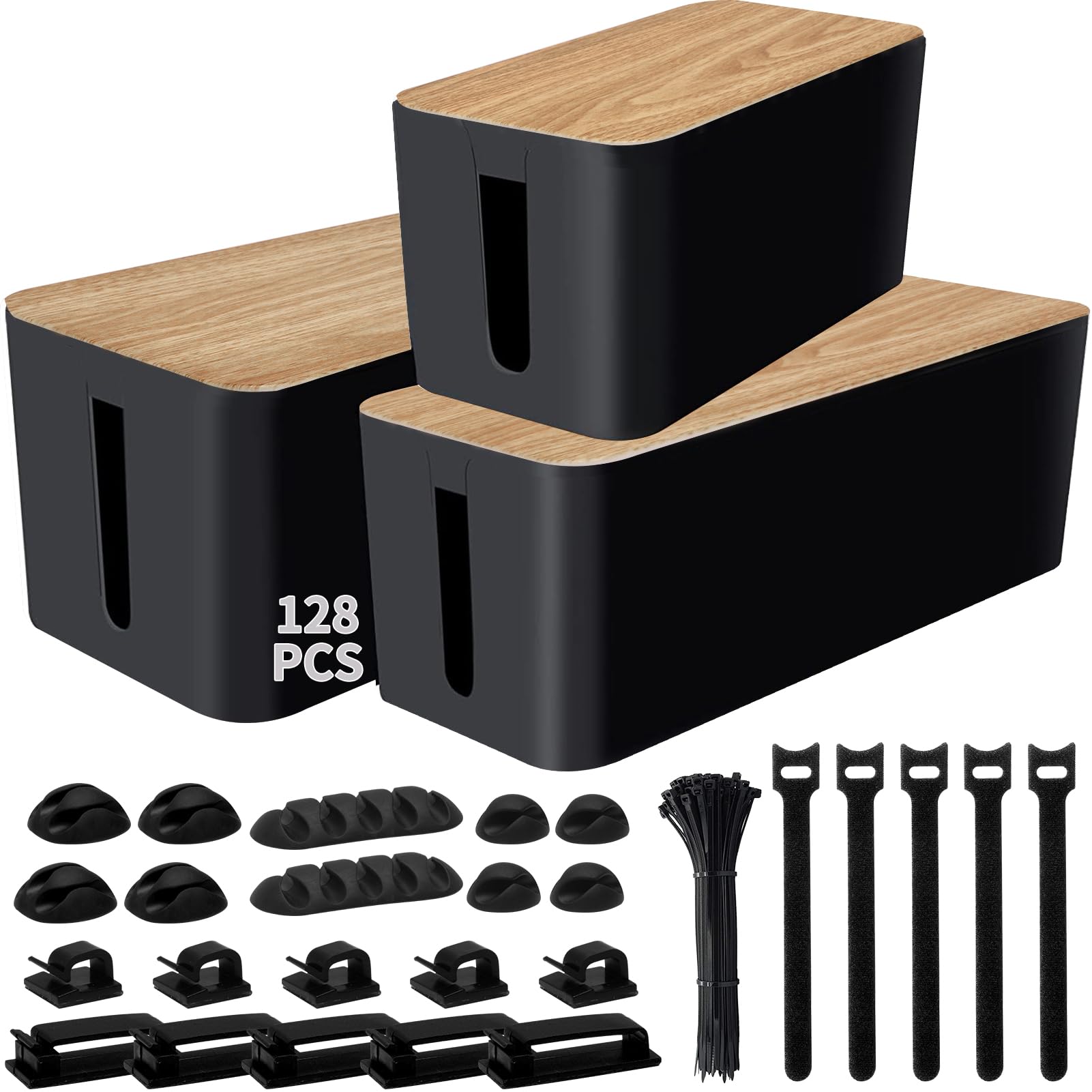 128PCS Cable Management Box 3Pack Cable Management Kit for Power Strip to Hide Wires,Cord Hider Boxes,Cord Box Safe ABS Material Wire Organizer of Cable Clips Sleeve for Home & Office, Black