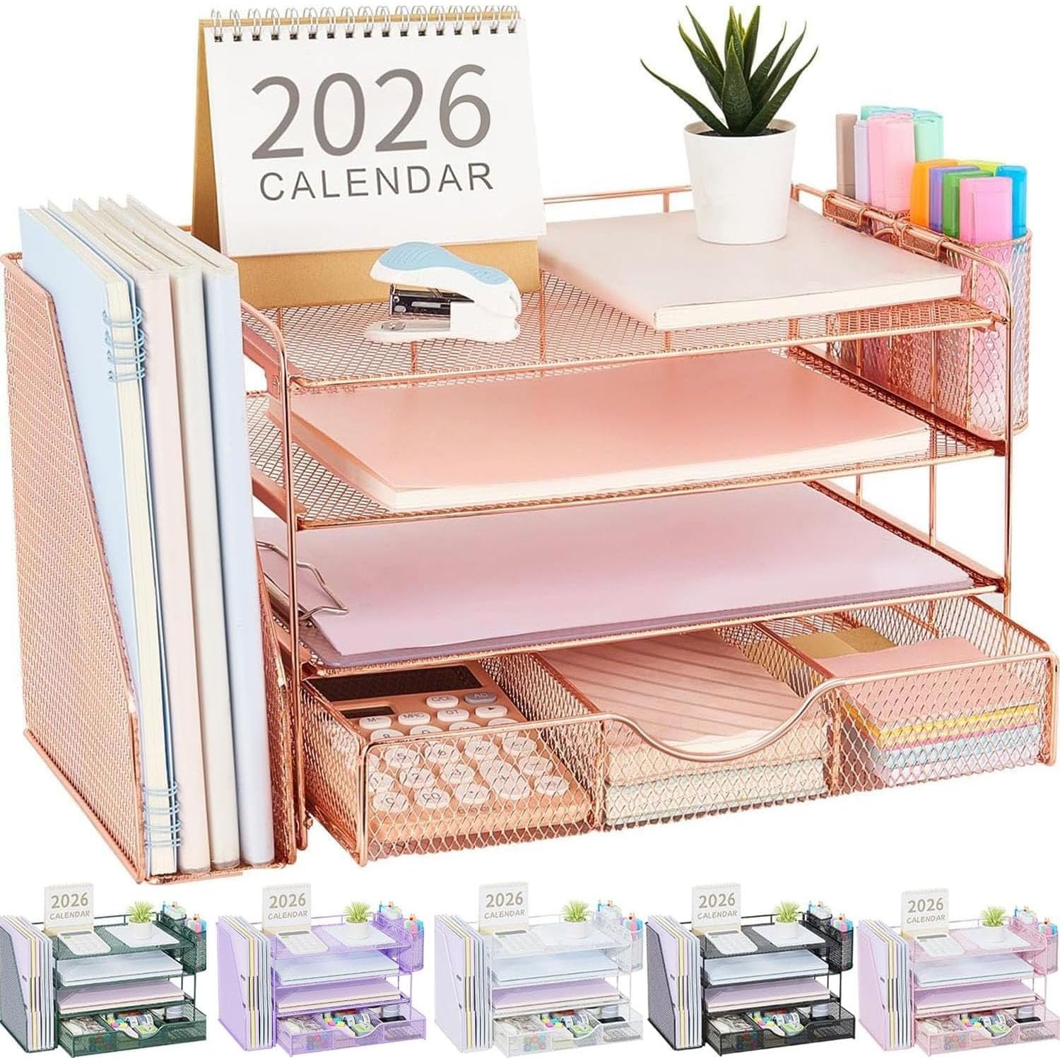 gianotter Desk Organizers and Accessories with File Holder, 4-Tier Desk Accessories & Workspace Organizers with Drawer and 2 Pen Holder, Paper Organizer for Office Supplies (Rose Gold)