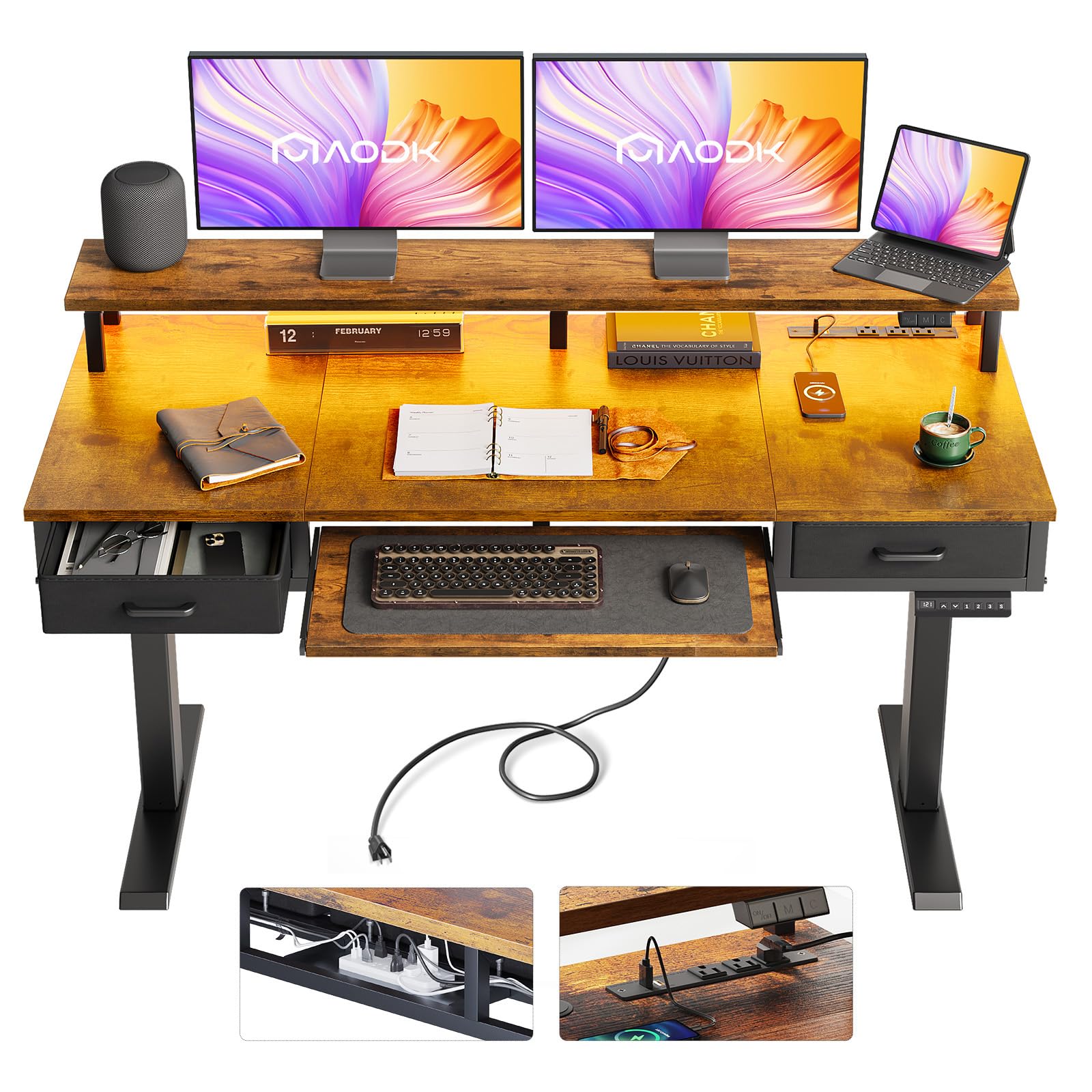 AODK 55 Inch Standing Desk with Drawers & Keyboard Tray, Rustic Brown