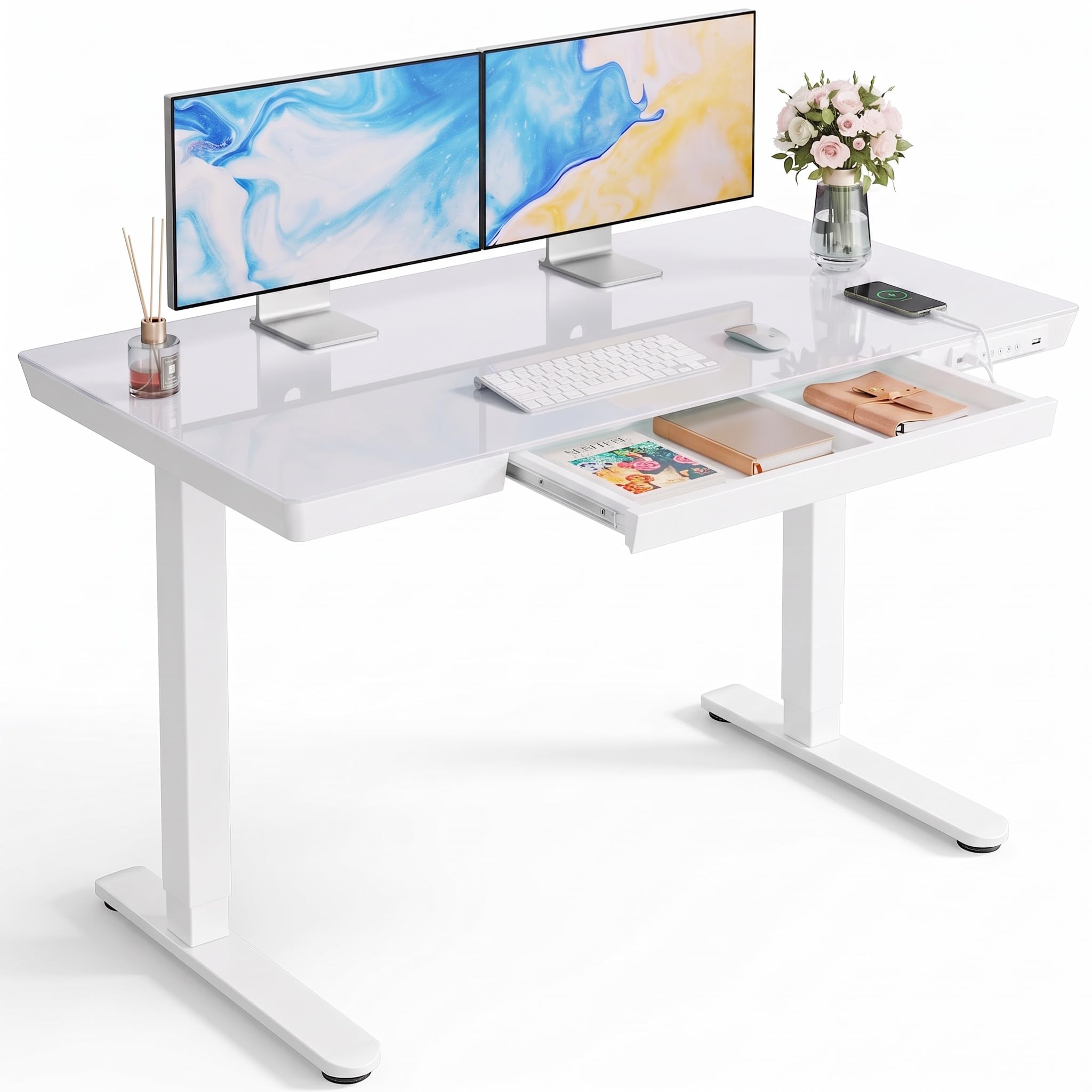 Marsail Glass Standing Desk with Drawer, 48 x 24 inch Electric Standing Desk, Height Adjustable Desk with One-Piece Tabletop & USB Charging Ports, Sit Stand Desk with Storage for Home & Office White