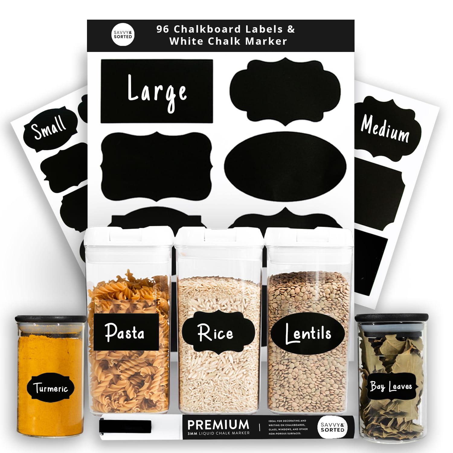 96 Chalkboard Labels for Storage Bins, Chalkboard Stickers with Chalk Maker, Chalk Labels for Kitchen Containers Organizing, Removable Black Food Pantry Jar Label Stickers for Glass Bottles