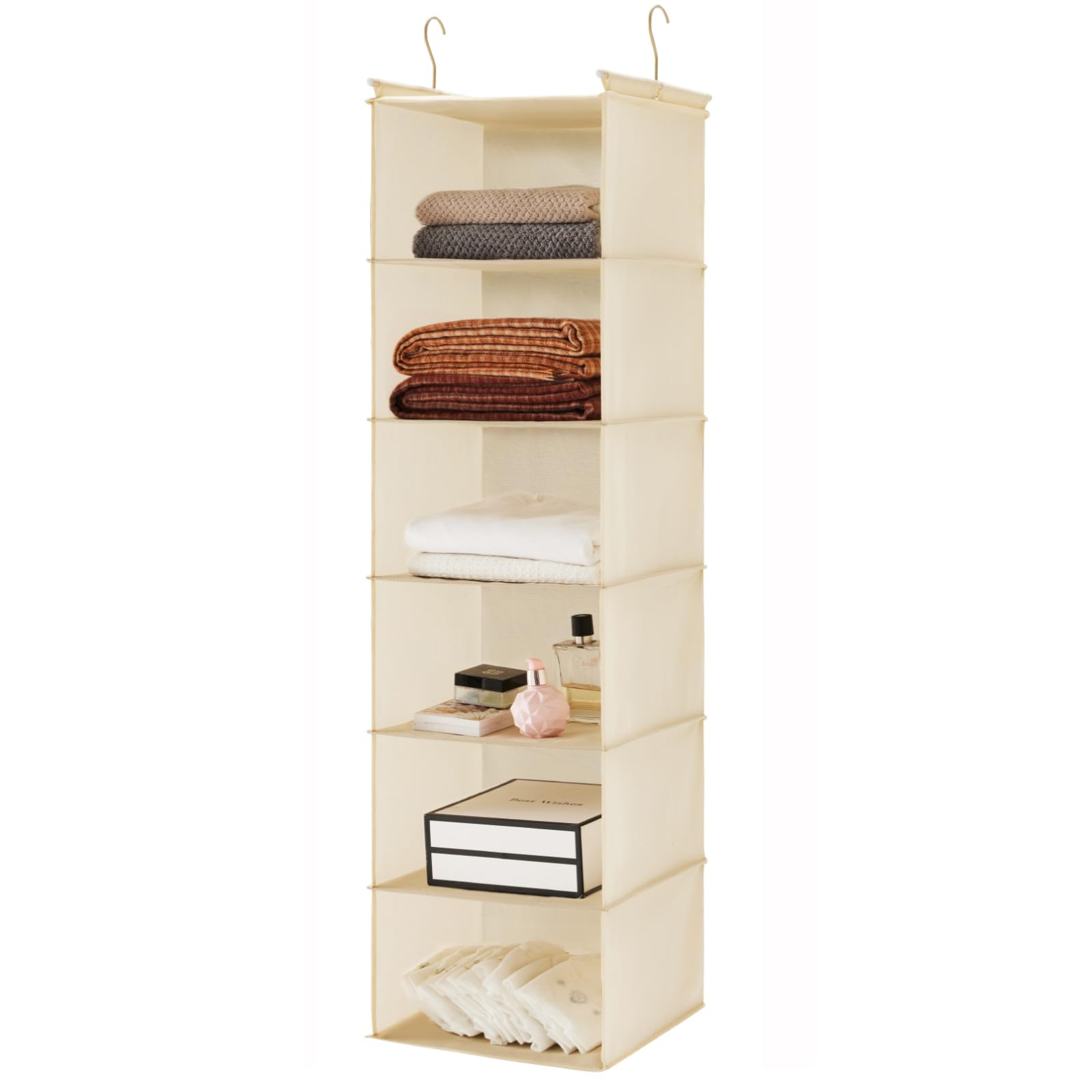 MAX Houser 6 Tier Shelf Hanging Closet Organizer with 2 Hooks, Beige