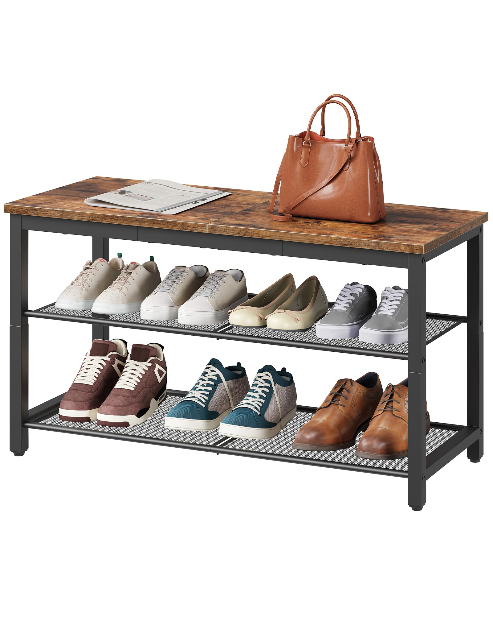 HOOBRO Shoe Bench, 3-Tier Shoe Rack, Industrial Shoe Organizer Storage Bench, 29.5 inches Entry Bench with Mesh Shelves, for Entryway, Living Room, Hallway, Easy Assembly, Rustic Brown BF75HX01