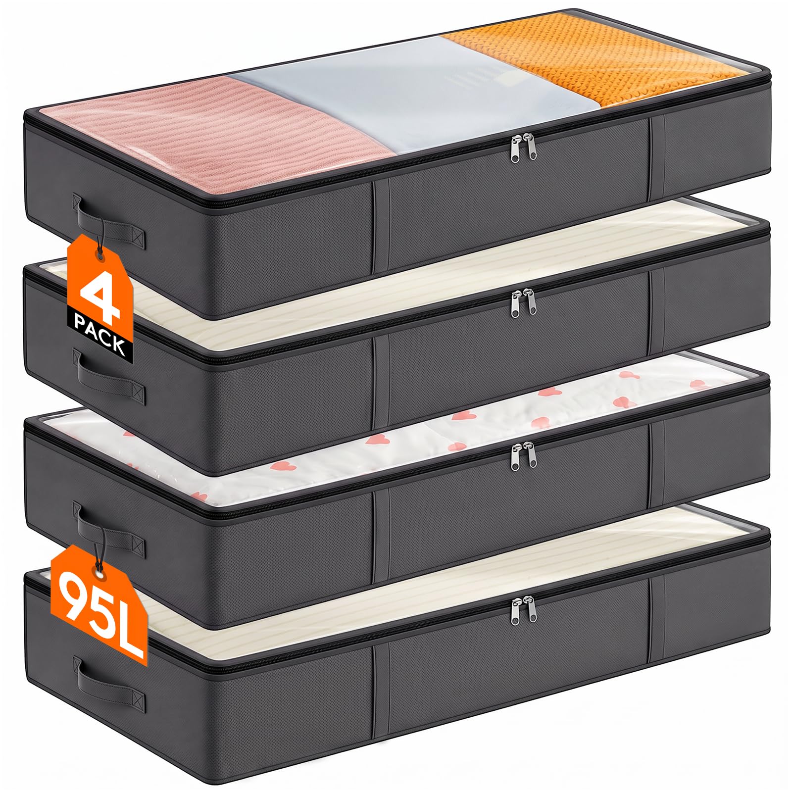 Lifewit 95L 4 Pack Under Bed Storage Containers, Large Capacity Blanket Storage Bags with Reinforced Handle, Organization and Storage for Comforters, Sheets, Clothes, Bedroom, College Dorm, Grey