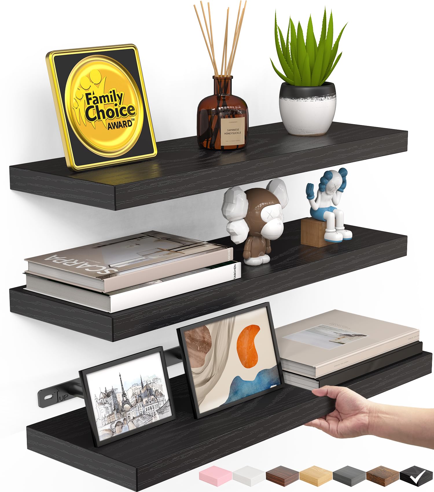BAYKA Black Floating Shelves 15.7in, Set of 3, Wall Mount Rustic Wood Shelf