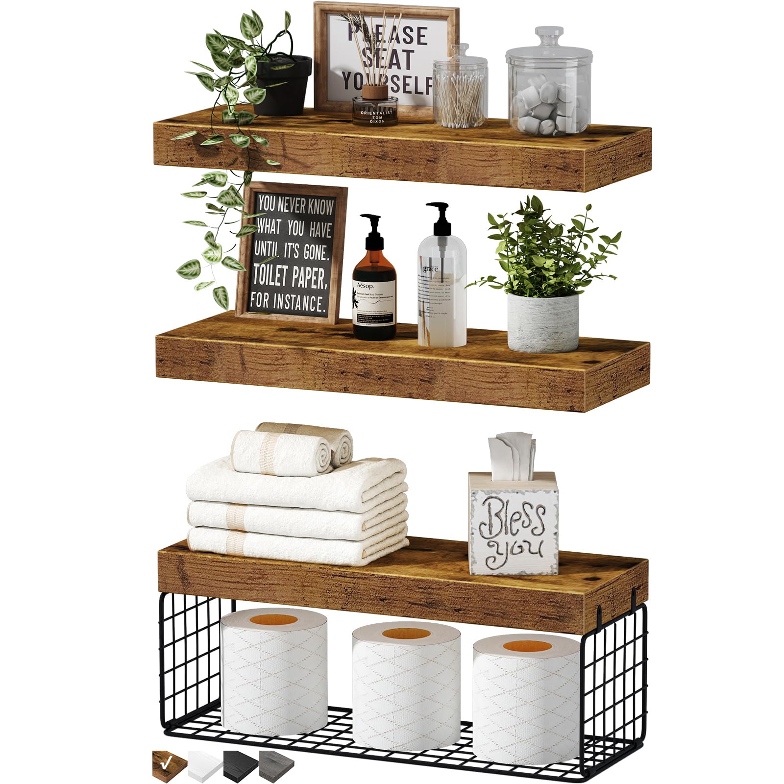 QEEIG Bathroom Shelves Over Toilet Wall Mounted (Brown, Set of 3, 15.7")