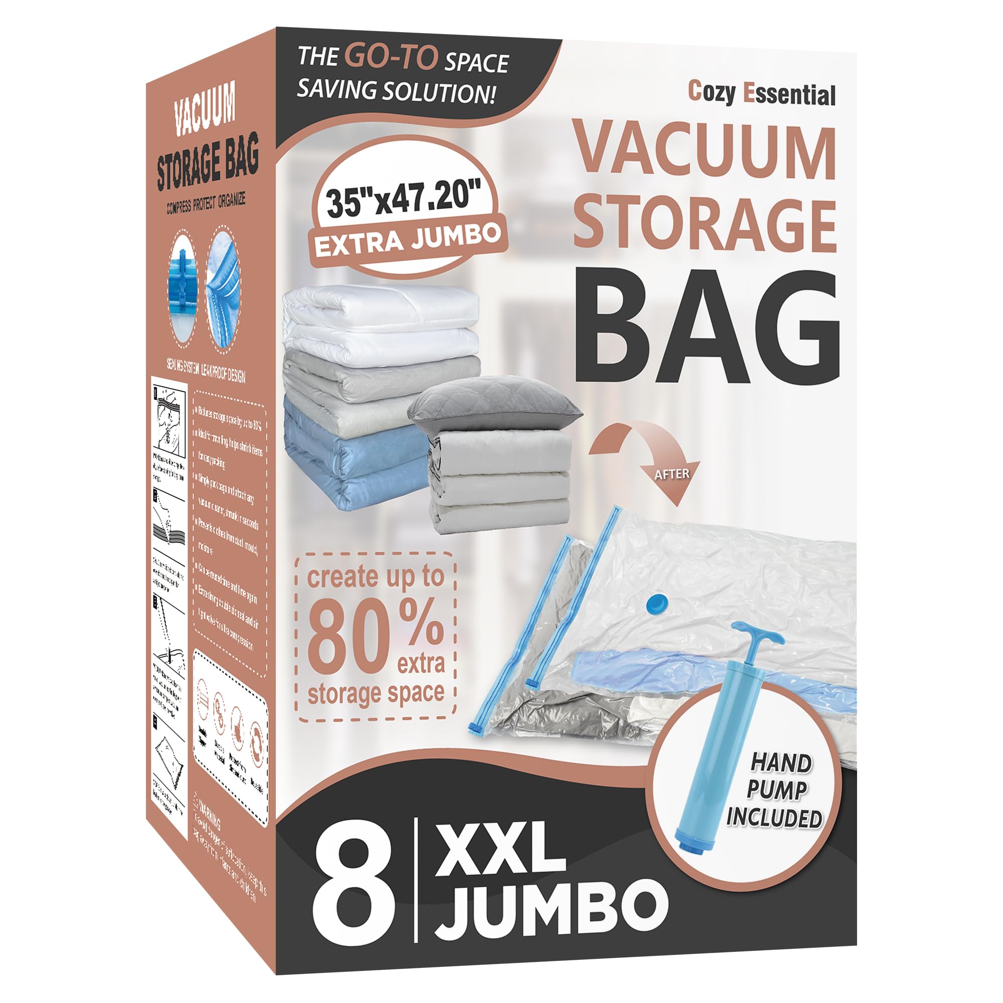 8 XXL Jumbo Vacuum Storage Bags for Bedding, Space Saver with Hand Pump