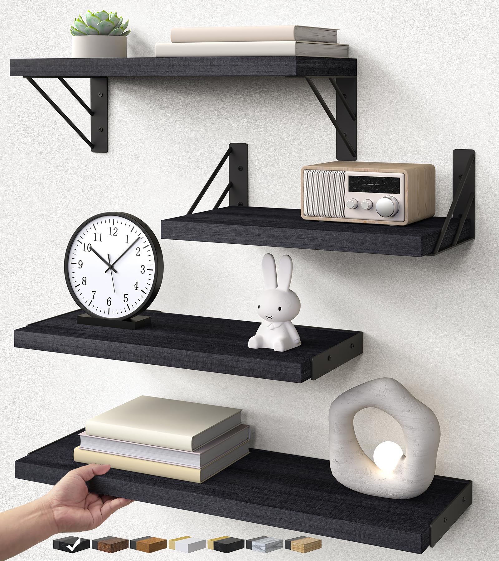 BAYKA Wall Mounted Floating Shelves (Black, Set of 4, 16" Mixed)