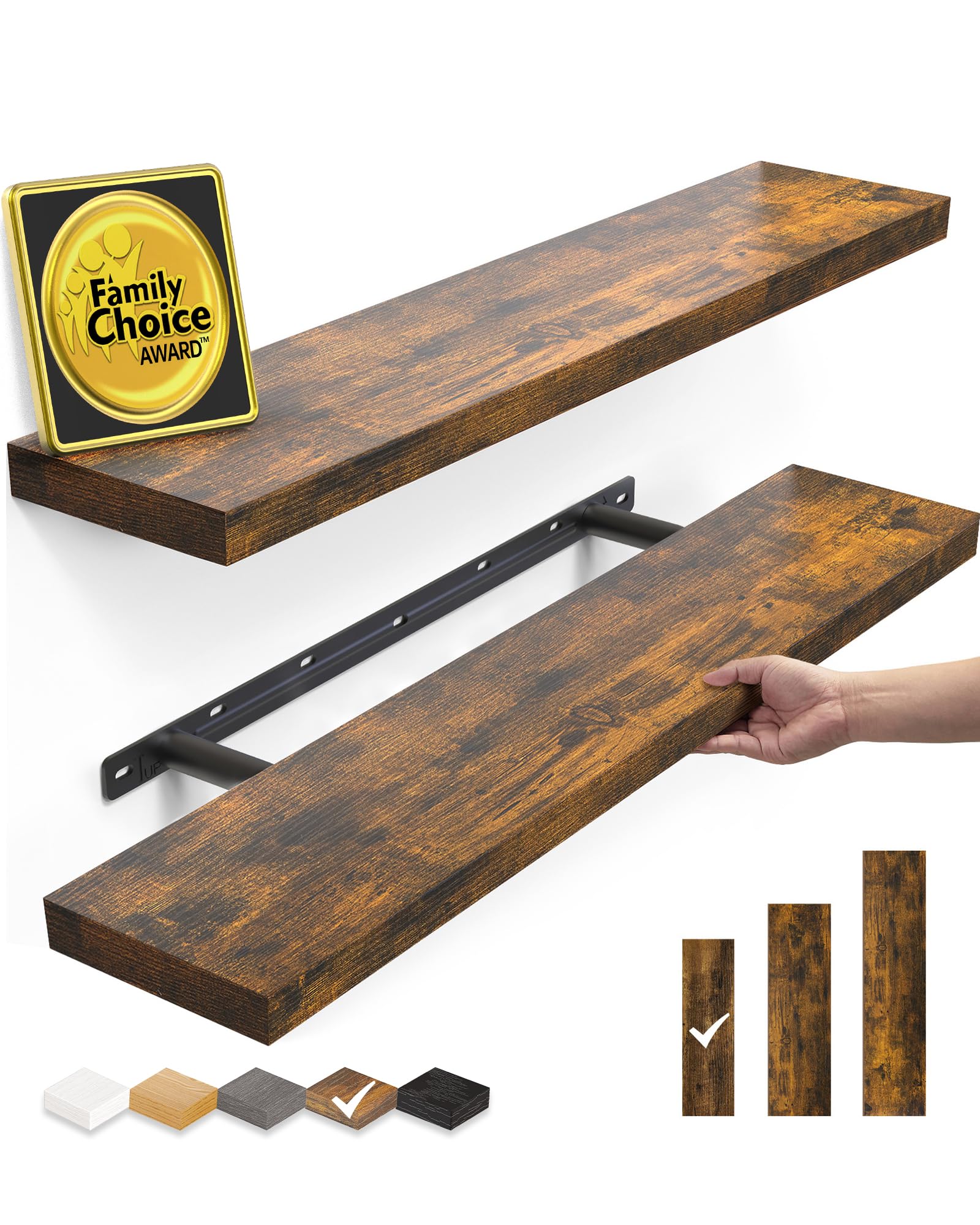 BAYKA Rustic Brown Floating Shelves 22.5in, Set of 2, Wall Mount Wood Shelf