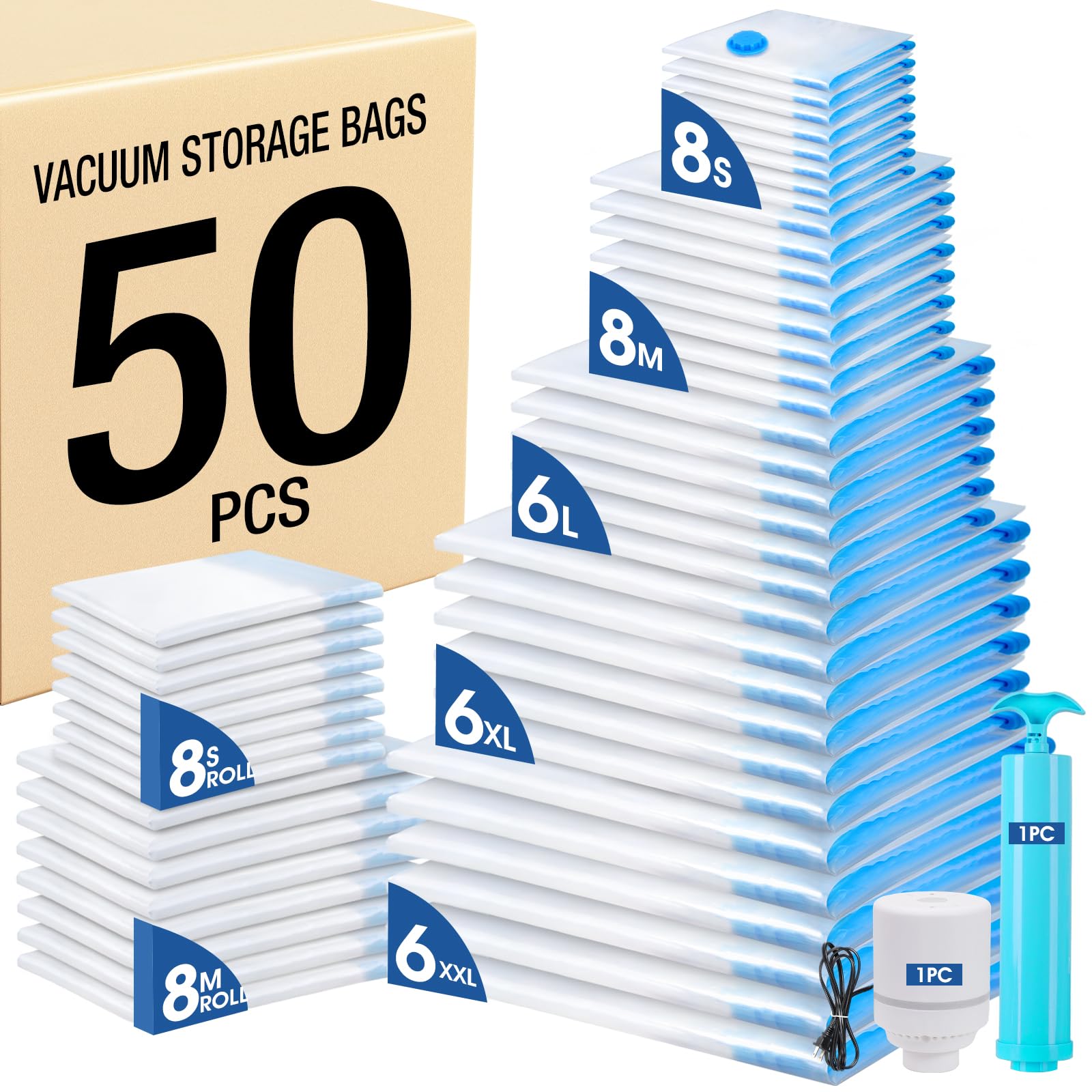 AROIC 50 Pack Vacuum Storage Bags, 5 Sizes + 2 Roll-up (8 Each) Space Saver