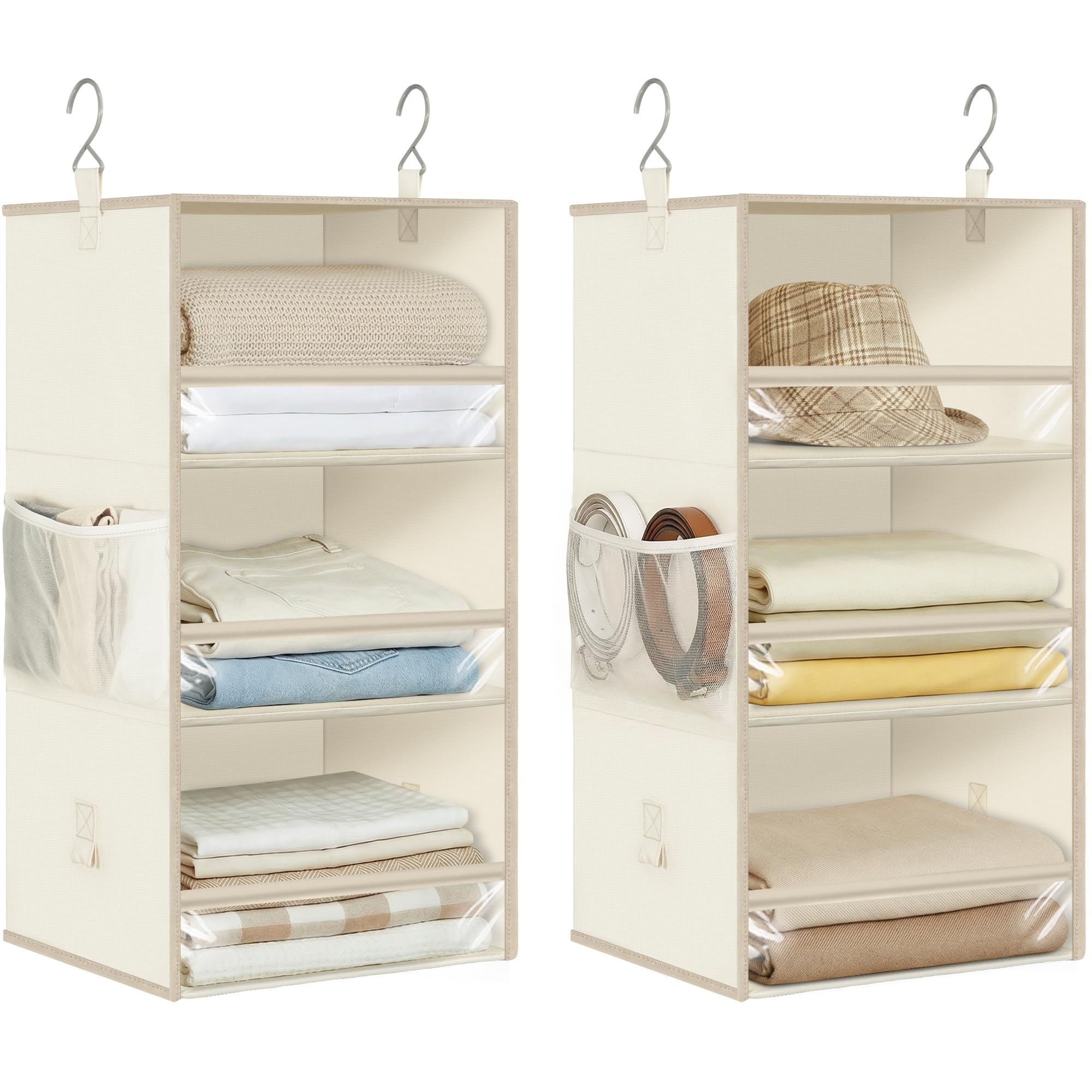 STORAGE MANIAC 6-Shelf Hanging Closet Organizer and Storage, 2 Separable 3-Shelf Haning Organizers for Closet, Collapsible Hanging Shelves Wardrobe Organization, College Dorm Room, Nursery, Beige