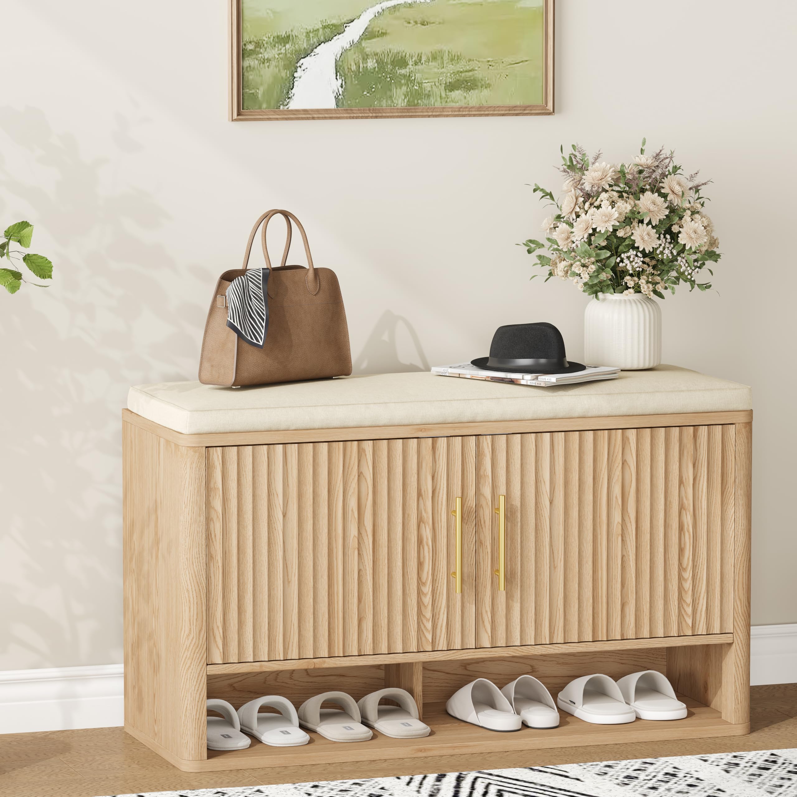 Zeibospri Fluted Shoe Storage Bench, Entryway Bench with Adjustable Shelves