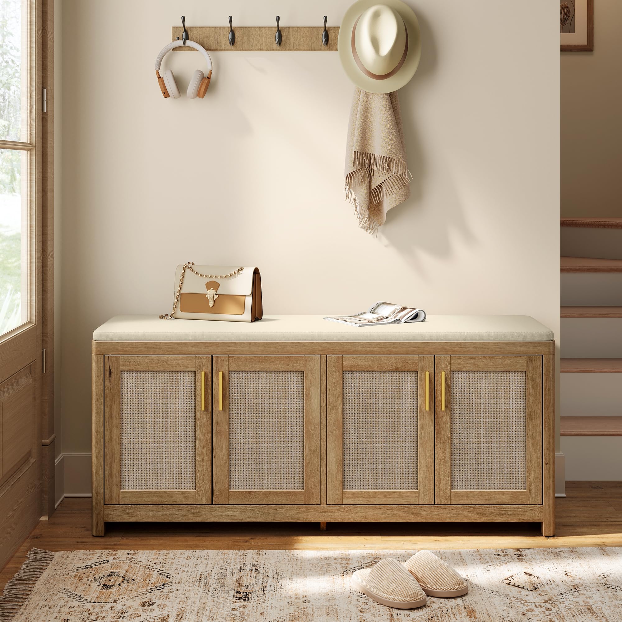 VASAGLE Boho Shoe Bench with Cushion, 4 Rattan-Look Cabinet Doors