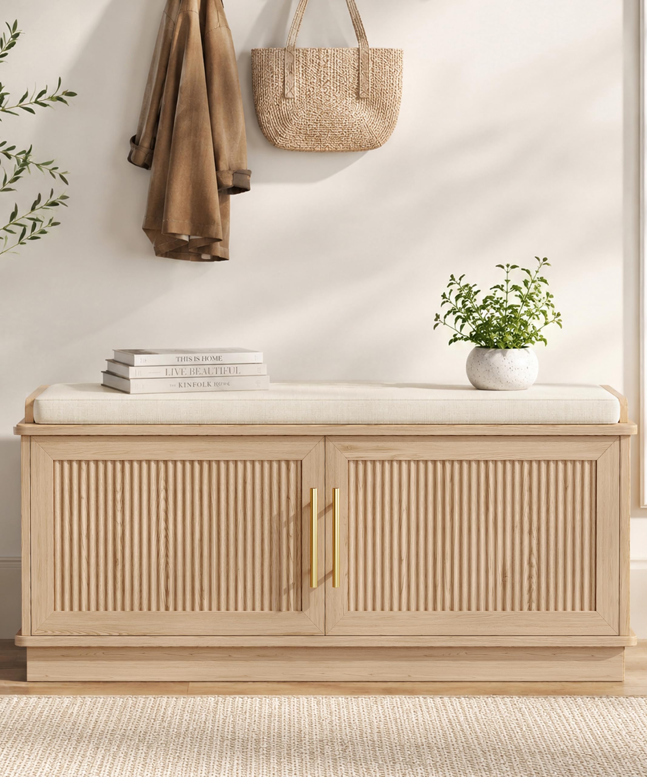 Akxomel 39.4" Fluted Shoe Storage Bench 2 Doors Wooden Entryway Bench Oak