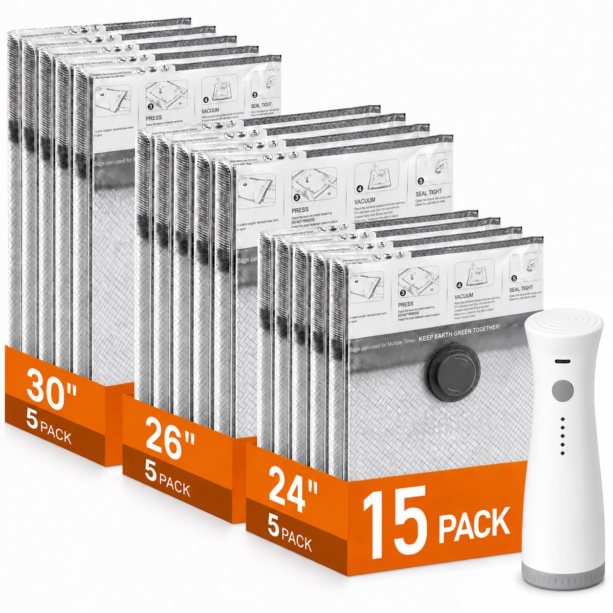 Vacuum Storage Bags with Pump, Space Saver Travel Vacuum Storage Bags for Clothes, Reusable Tear-Proof Compression Packing Cubes for Heavy Clothes/Bedding/Luggage/Moving, 15 Combo Size