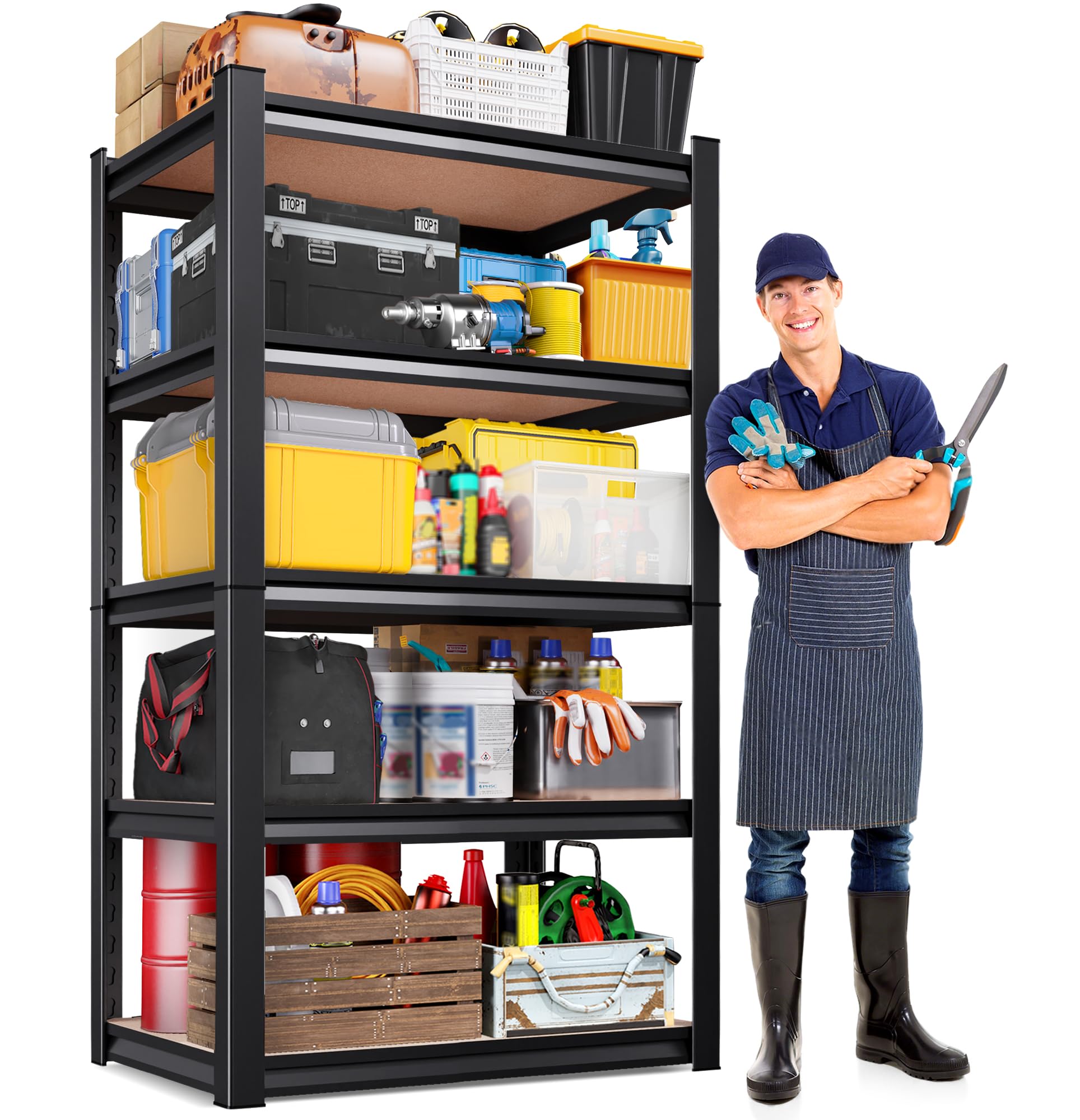 71"H x 28"W x 12"D Garage Shelving Unit, 5-Tier Heavy Duty Metal Storage Shelves 1900 LBS Capacity, Adjustable Utility Steel Racks and Shelving for Garage, Pantry, Basement, Warehouse, Black