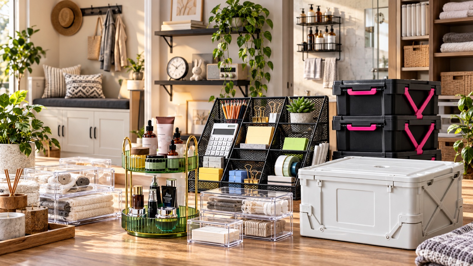 A styled home organization setup: acrylic drawer organizers, storage bins, a desk organizer caddy, folded towels, and stackable containers.
