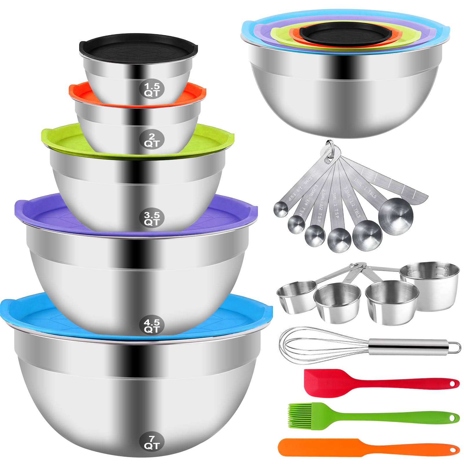 WEPSEN Mixing Bowls with Lid Set, 25PCS Kitchen Utensils Metal Bowl Stainless Steel Nesting Bowls, Measuring Cups and Spoons, Egg Whisk for Baking Prepping Cooking Serving Supplies