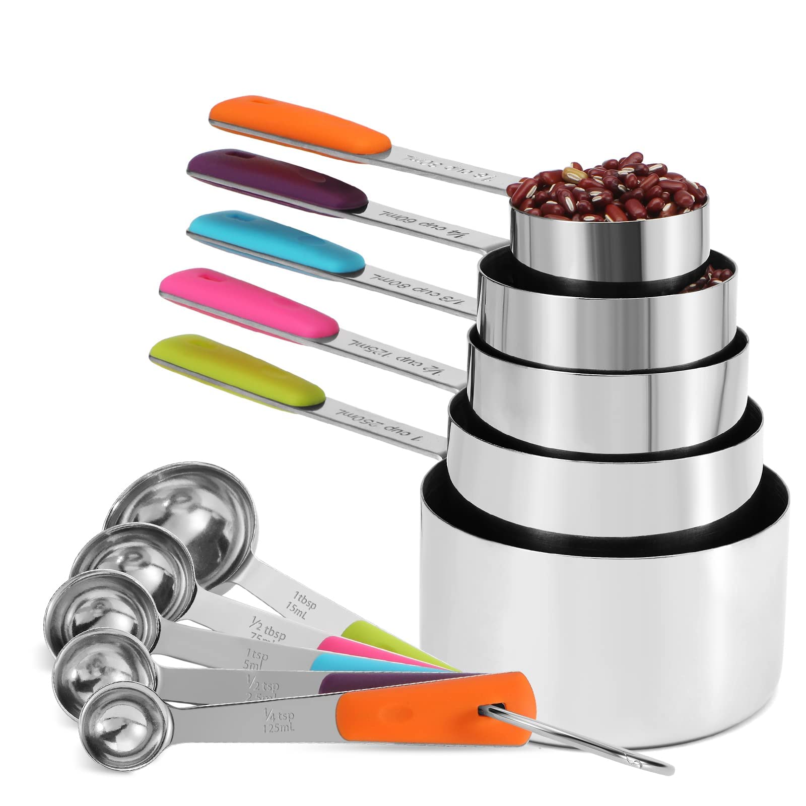 Bopei 10-Pcs Stainless Steel Measuring Cups & Spoons Set, Colorful Handles