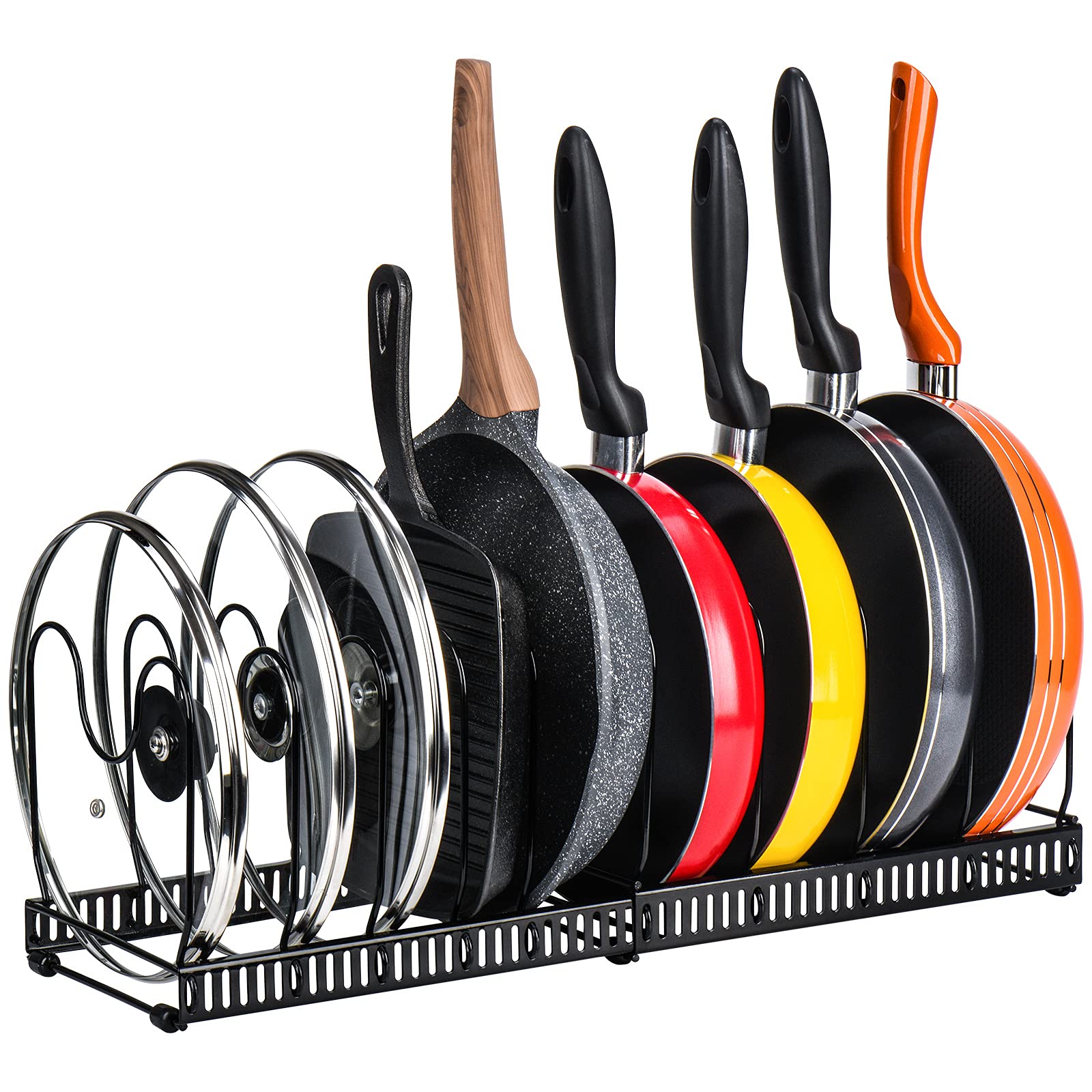 Toplife Pots and Pans Organizer Rack for Cabinet and Countertop, 10+ Pot Lids, Bakeware and Cookware Holder with 10 Adjustable Compartments - Black