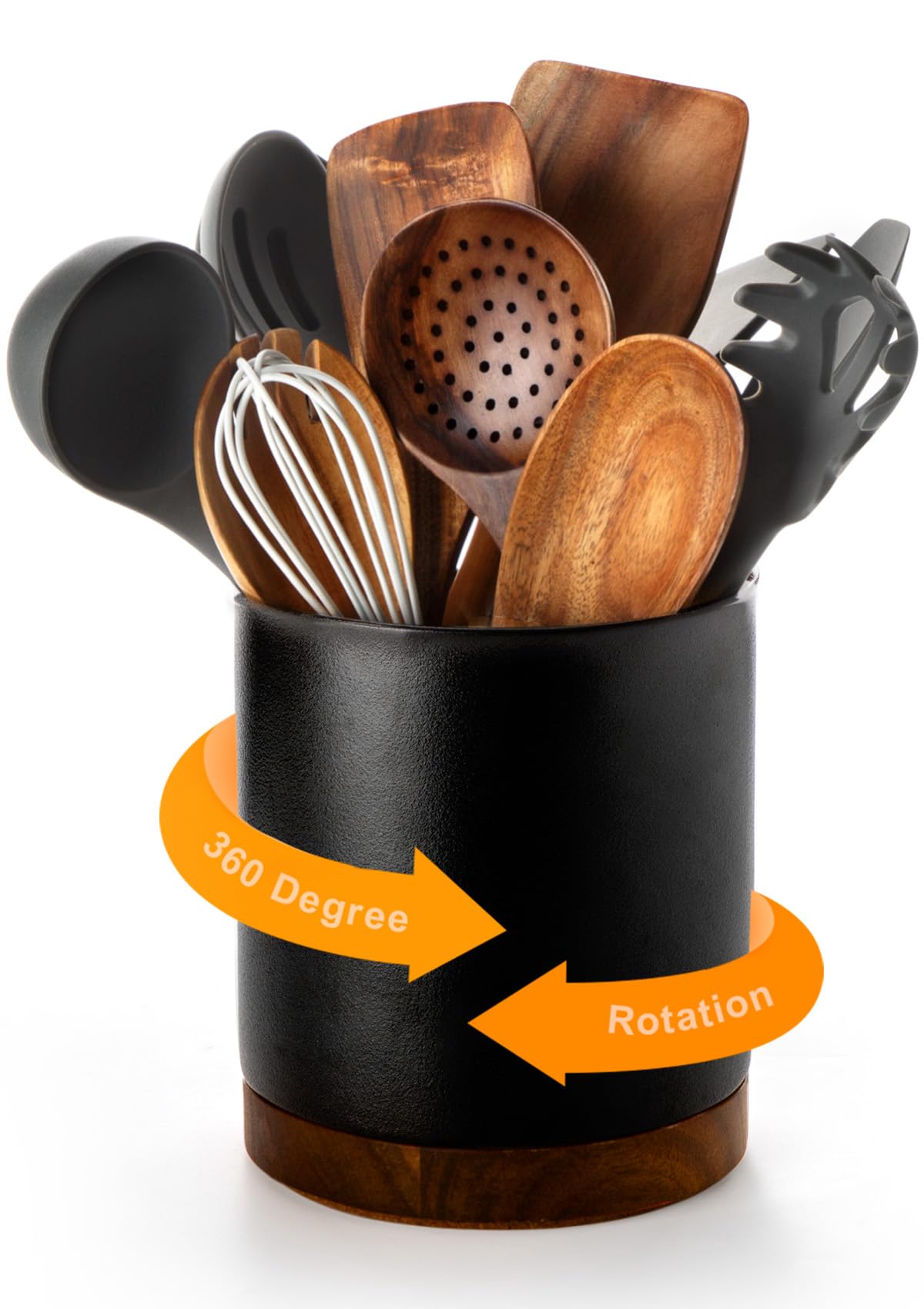 Ceramic Rotating Kitchen Utensil Holder for Countertop, 7.2'' Stone Black