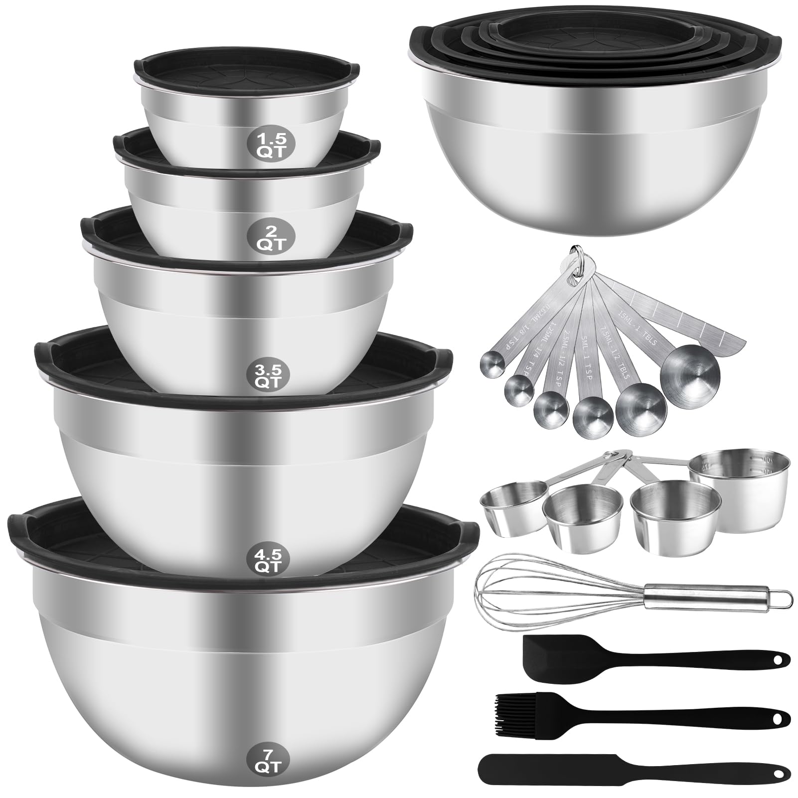 WEPSEN Mixing Bowls Set, 25PCS Stainless Steel Mixing Bowl with Lid Set, Large Nesting Bowls 7, 4.5, 3,2, 1.5QT, Measuring Cups and Spoons Baking Utensils Metal Bowl for Kitchen Prep