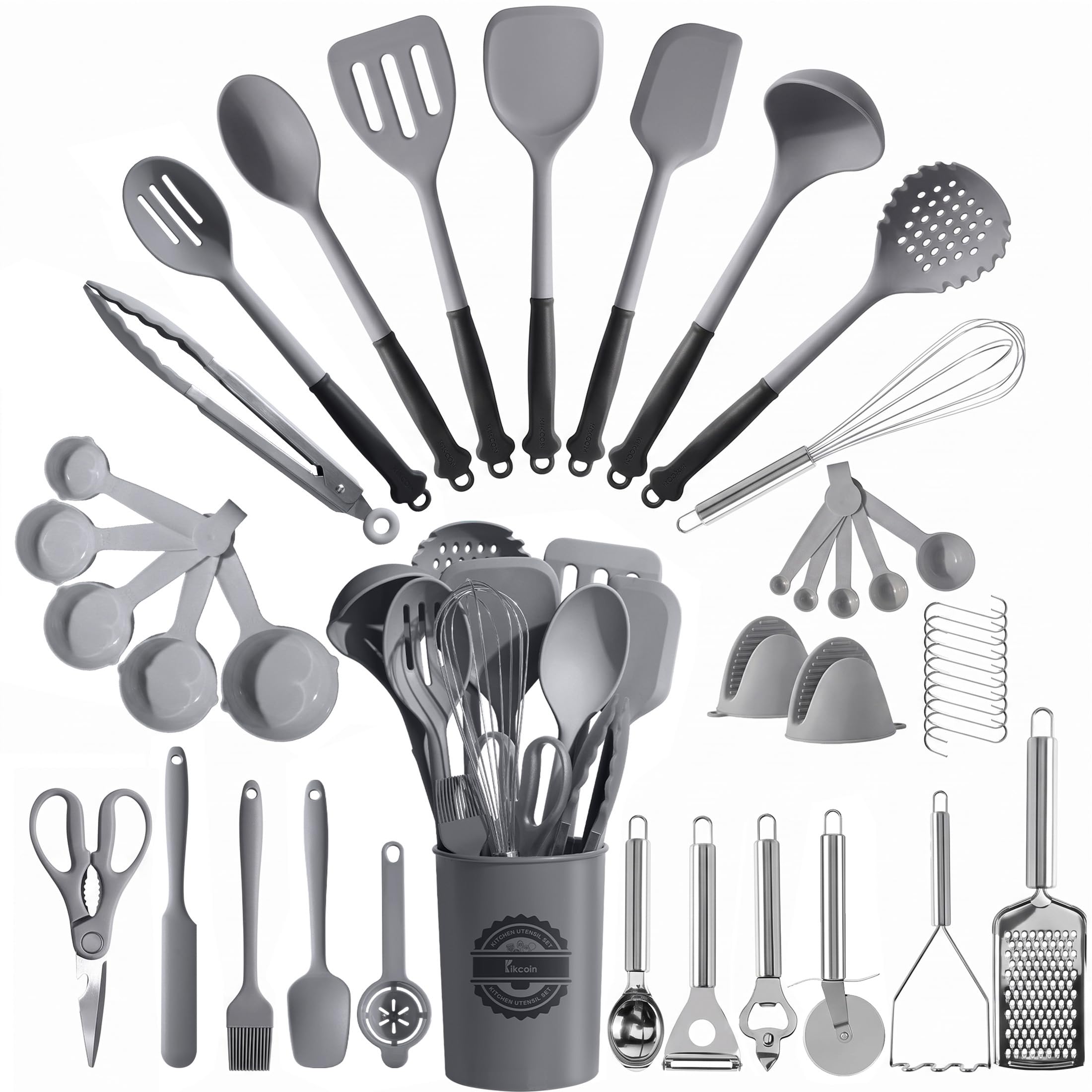 Kikcoin 43 PCS Silicone Kitchen Utensils Set, Dishwasher Safe Kitchen Cooking Utensils Set, 446°F Spatulas Silicone Heat Resistant, Non Toxic Silicone Utensils Set With Two-Tone Grip Handles, Gray