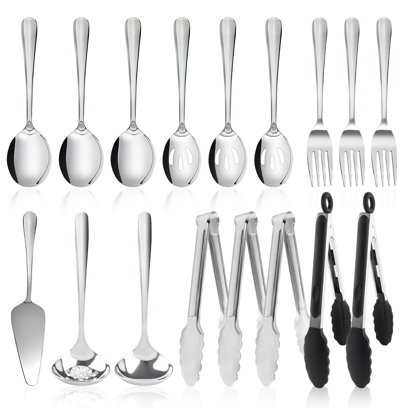 17PCS Serving Spoons and Utensils Set, Stainless Steel Serveware Silver