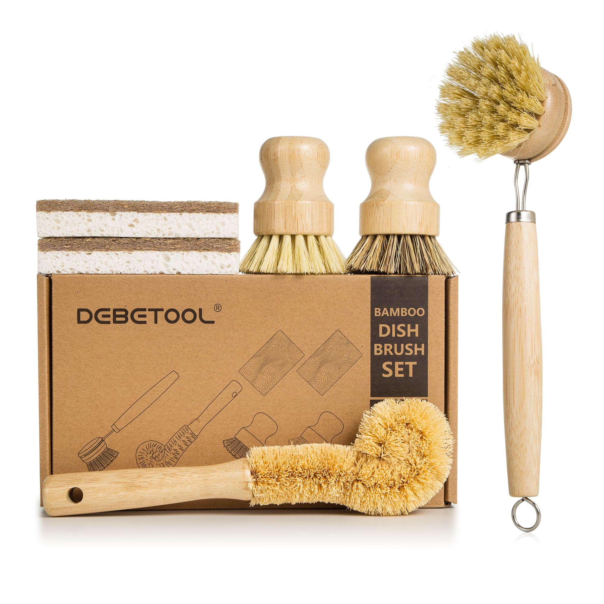 DEBETOOL 6-Piece Bamboo Dish Brush Set with Coconut Sponge