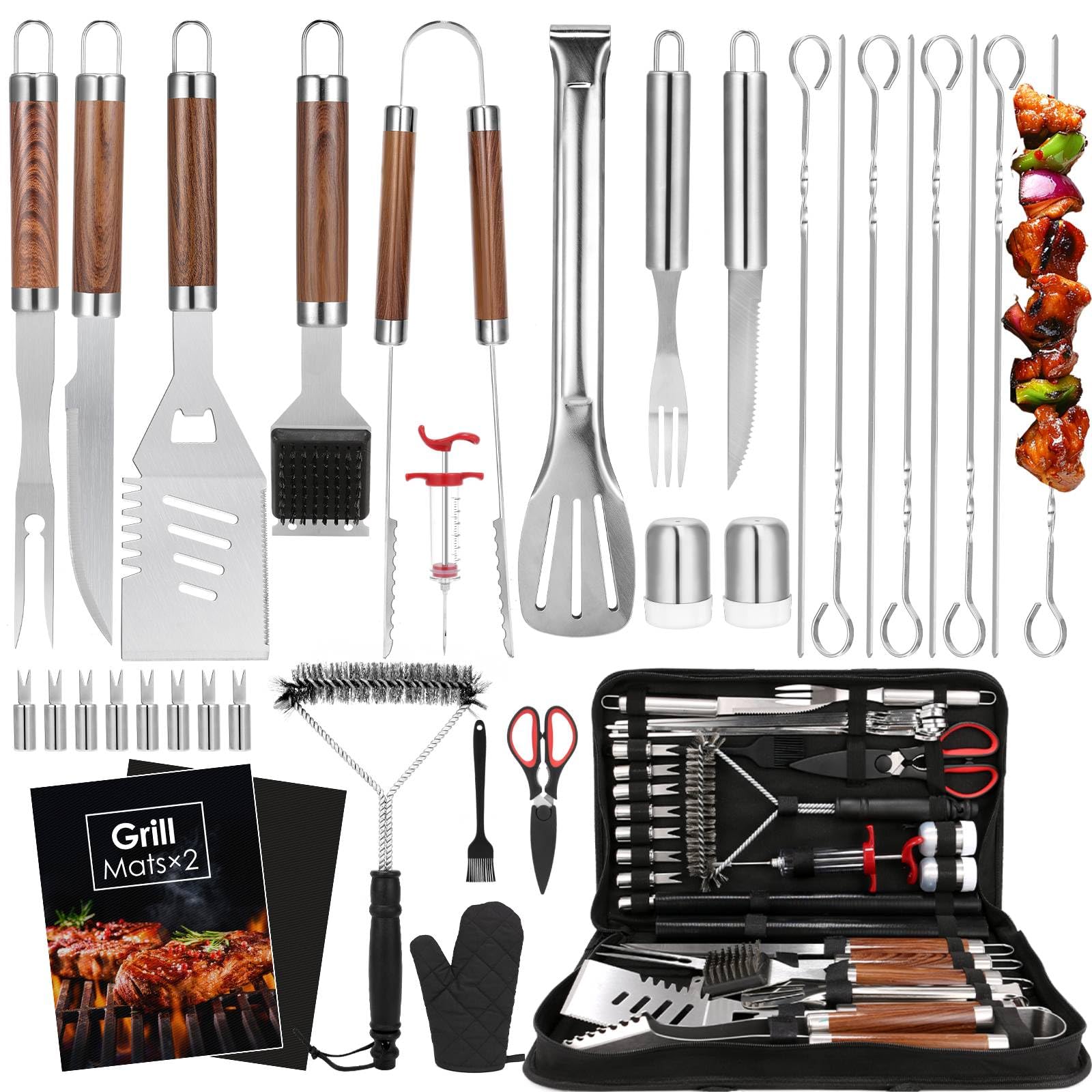 Yoehka BBQ Grilling Accessories Set, 34Pcs Heavy Duty Grill Tools, Brown