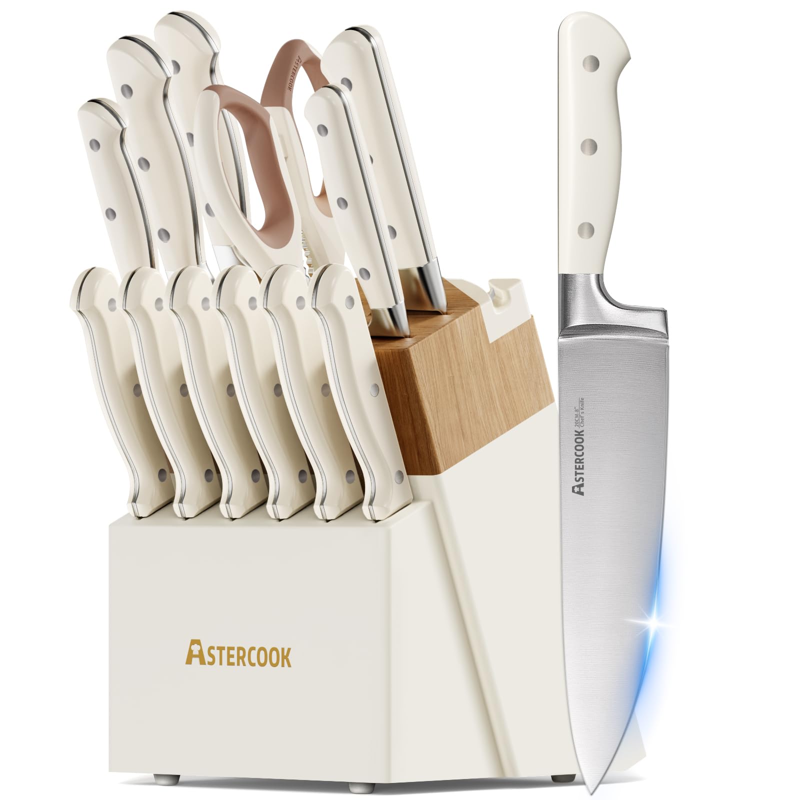 Knife Set,Astercook Kitchen Knife Set with Block 14-Piece Full Tang Stainless Steel Knives with Sharpener Dishwasher Safe and Anti-Slip Ergonomic Handle Utensils Set