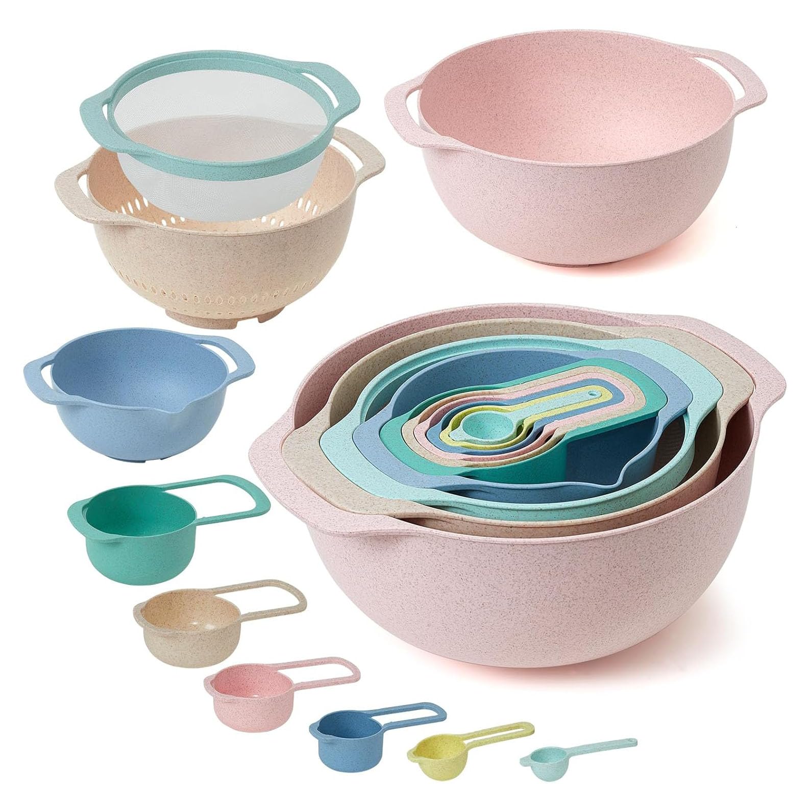 Mixing Bowls, Nesting Baking Bowls with Colander & Fine Mesh (Wheat-10PCS)