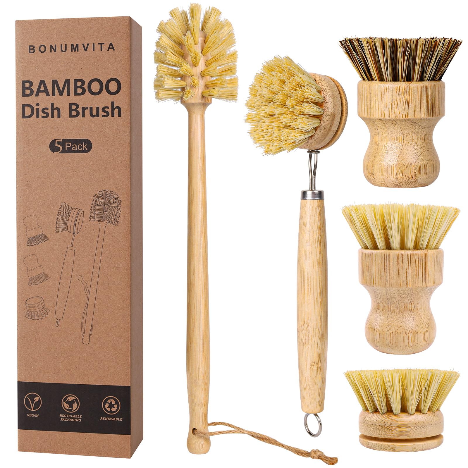 BONUMVITA 5 Pack Bamboo Dish Brush Set with 14’’ Bottle Brush