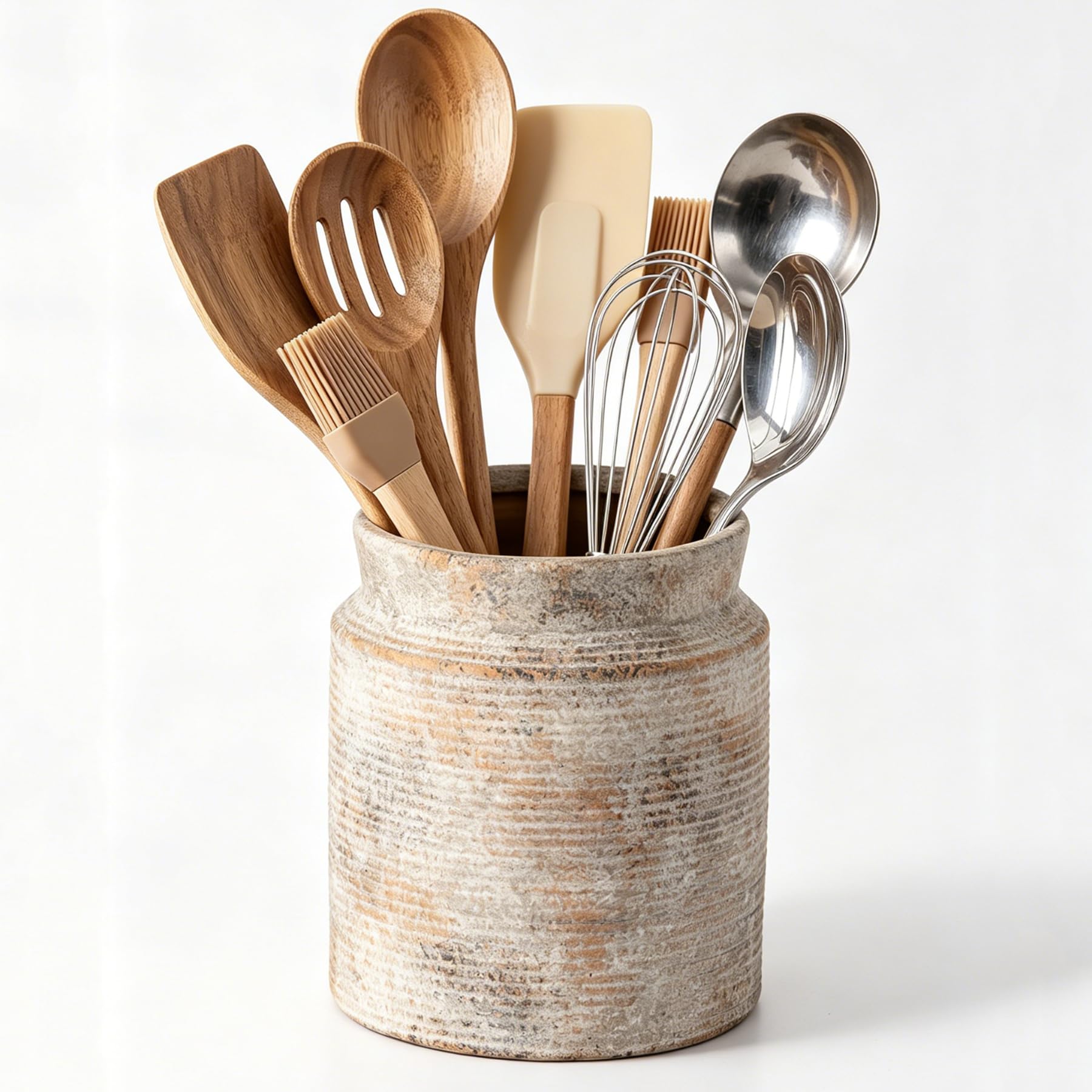 Rustic Utensil Holder for Kitchen Countertop - 7.6 inch Ceramic Utensil Crock Farmhouse Cooking Utensil Organizer for Spatula, Spoon (M-Rustic)