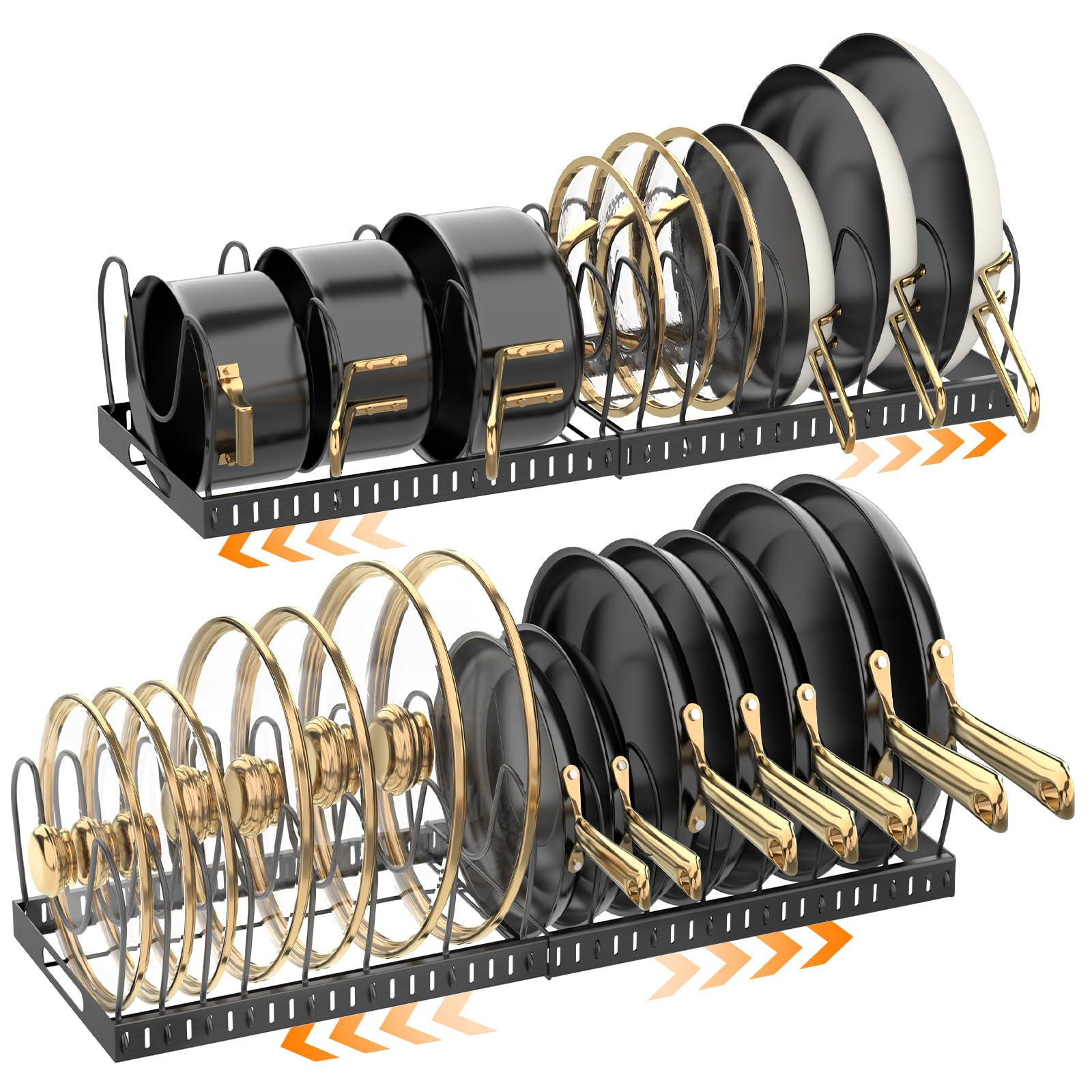NomNest 2PACK Expandable (12"-24") Pots and Pans Organizer Under Cabinet with 32 Adjustable Dividers for Kitchen, Pot Lid Organizers Inside Cabinet, Pan Lid Holder