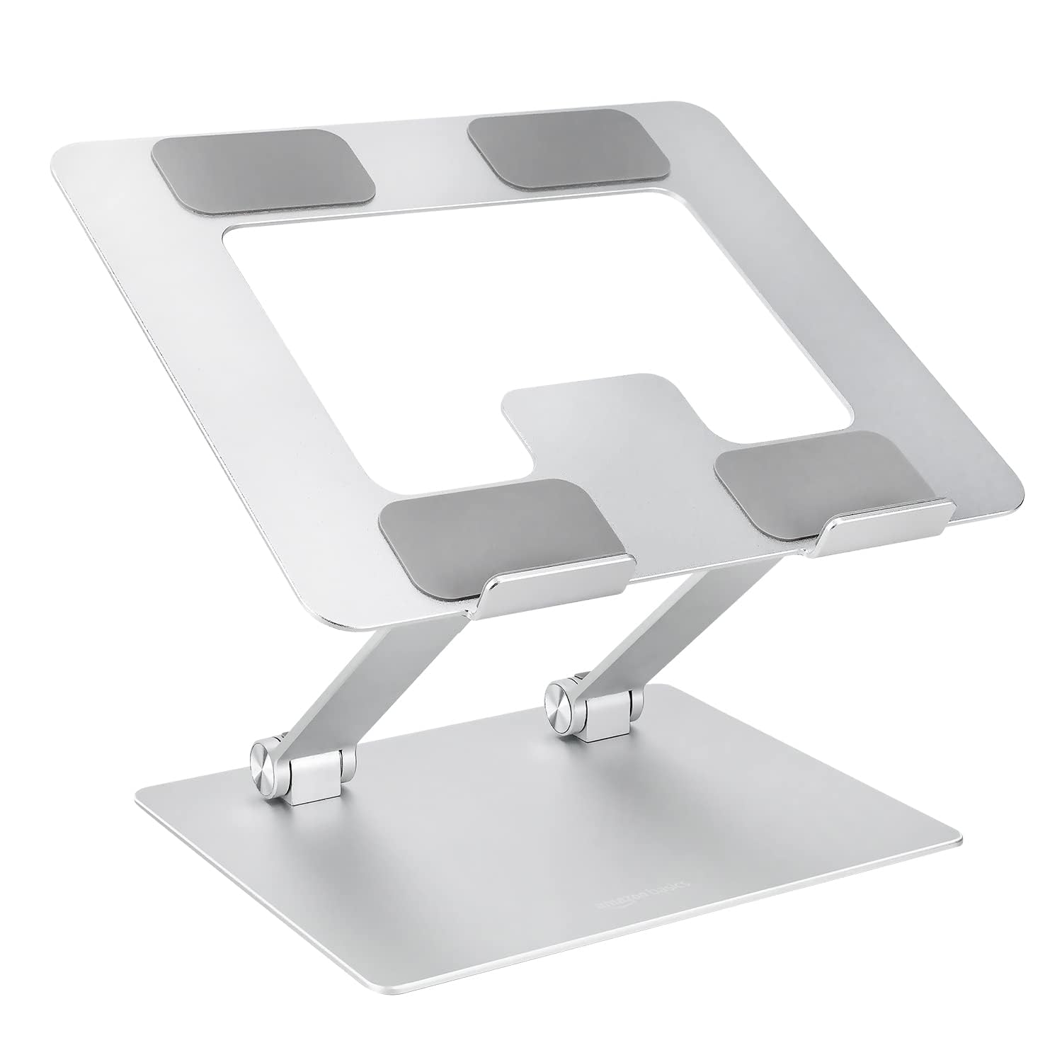 Amazon Basics Sturdy and Portable Ergonomic Laptop Stand for Desk, Height Adjustable Riser with Ventilated Cooling, Foldable, Fits all Laptops up to 15.6 Inch, Silver