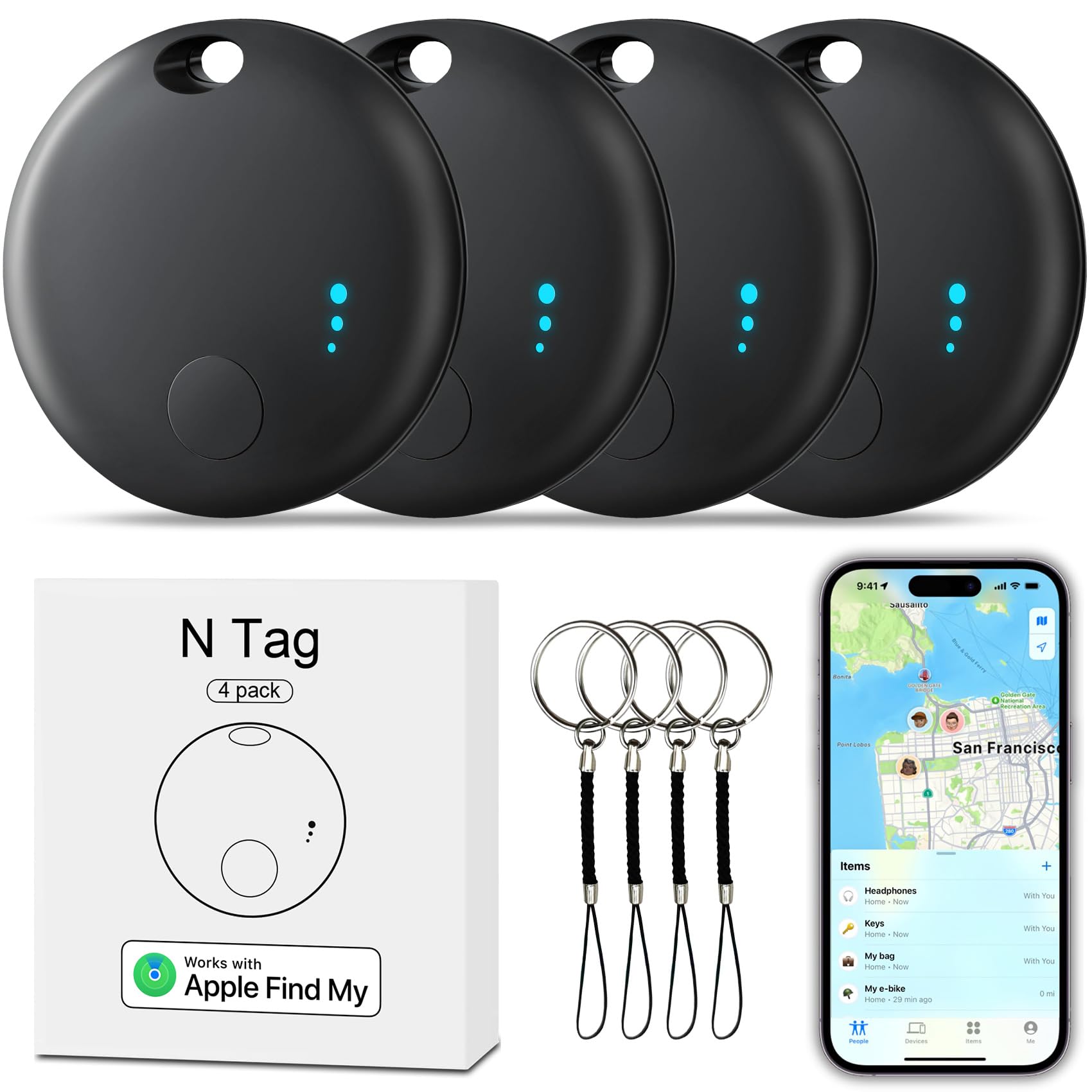 Tracker Tag 4 Packs Bluetooth Tracker, Smart Tag Locator Tracking Device, Keys Finder and Item Locator,Air Tracker Item Finders with Find My(iOS Only) Track Your Keys (Black, 4 Pack)