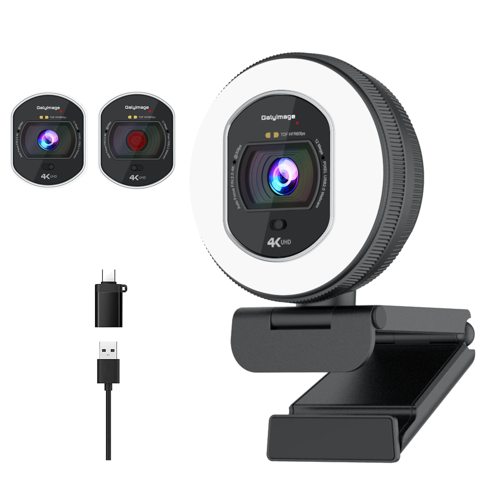 Galyimage 4K Webcam with Ring Light & Built-in Microphone for PC Streaming