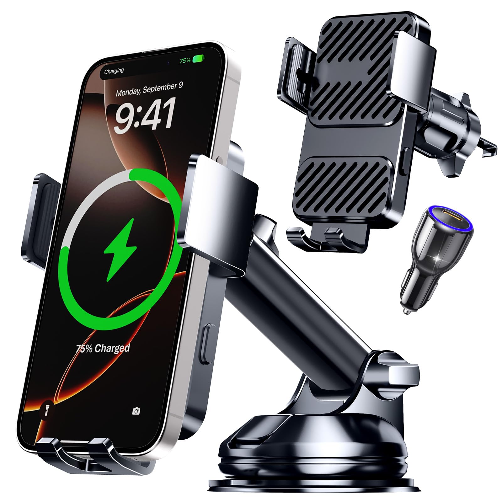 Guceful 3 in 1 Wireless Car Charger, Phone Holders for Your Car 15W Fast Charging Auto Clamping, Car Phone Mount for iPhone 17 16 15 14 13 Mini Pro Max XR, Samsung Galaxy S25 Ultra S24 S23 S22 S21