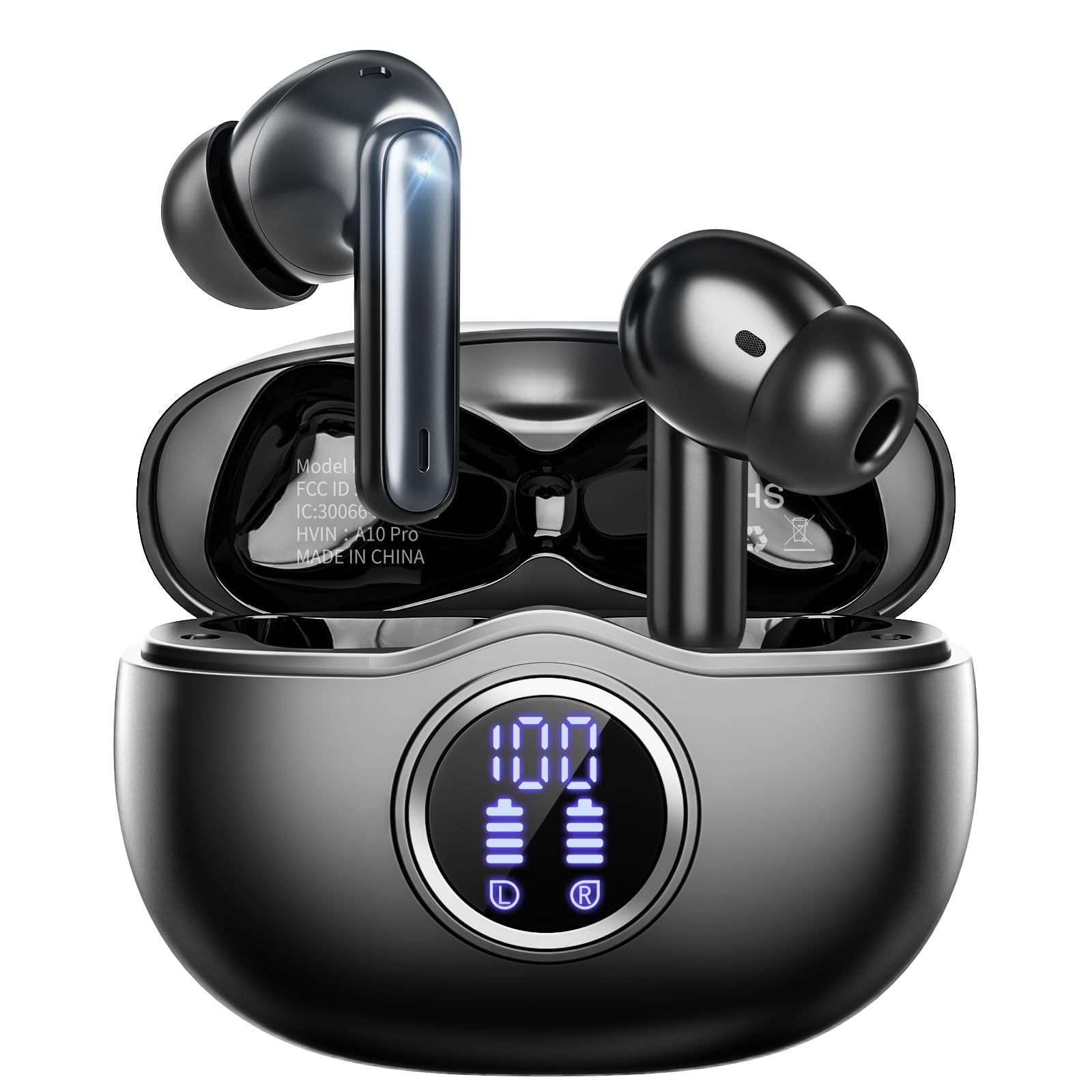 Fhumsh Wireless Earbuds, Bluetooth 5.3 Headphones HiFi Stereo 50H Playback LED Digital Display Ear Buds with ENC Noise Canceling Headset, IPX7 Waterproof Earphones for Gym/Running/Work(Black)