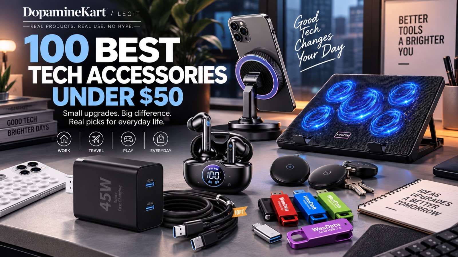 A desk scene with wireless earbuds, USB-C chargers, a laptop cooling pad, USB flash drives, a MagSafe stand, and phone accessories.