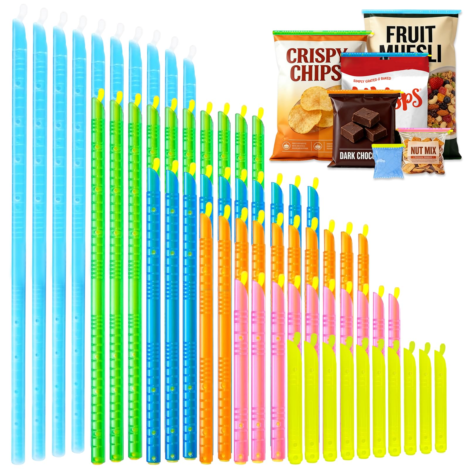 60 PCS Magic Bag Sealer Sticks,Reusable Chip Clips, 6 Sizes