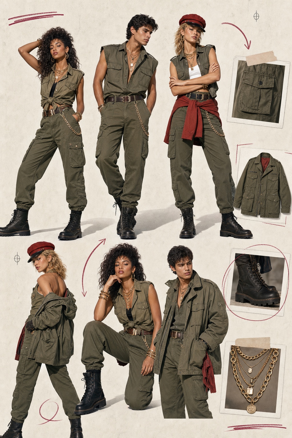 Original editorial fashion plate with fictional adult models wearing olive utility layers, cargo trousers, boots and chain jewelry.