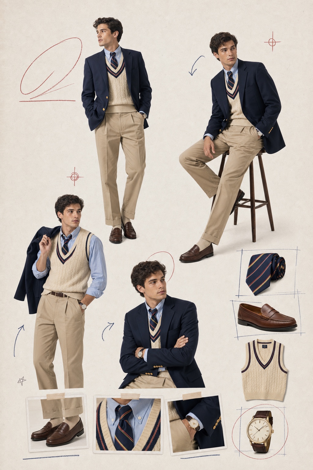 Original editorial fashion plate with a fictional adult male model wearing argyle, button-down shirts, ties, khakis and loafers.