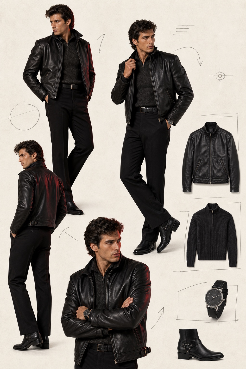 Original editorial fashion plate with a fictional adult male model wearing a black leather jacket and monochrome 1980s clothes.