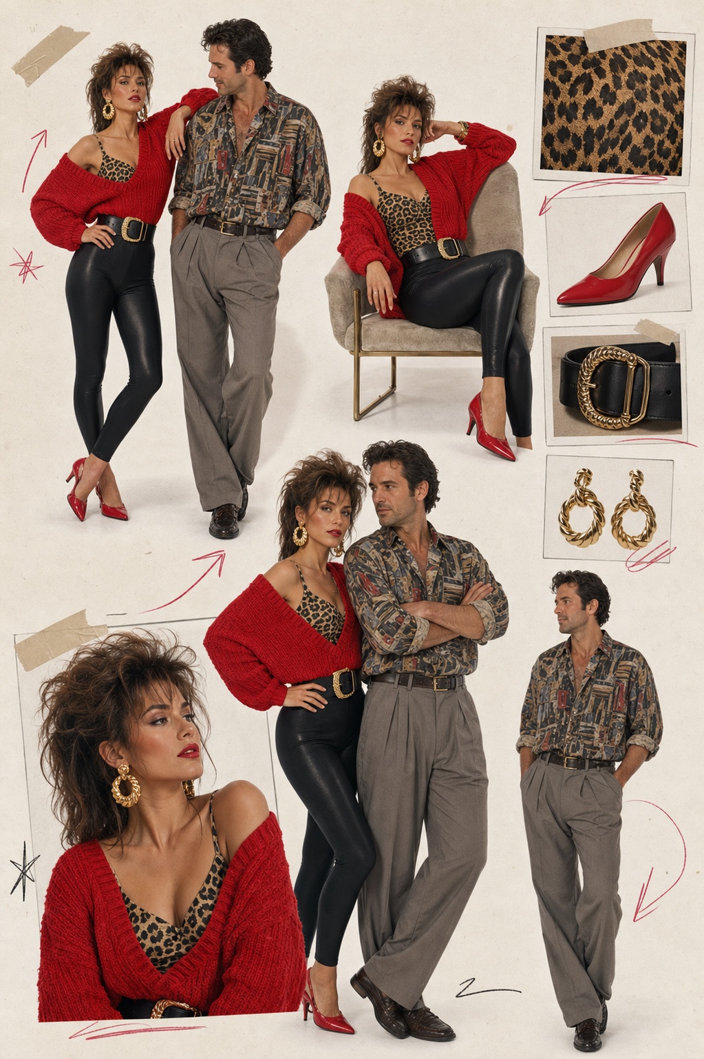 Original editorial fashion plate with fictional adult models wearing leopard print, a red knit, glossy black leggings and rumpled menswear.
