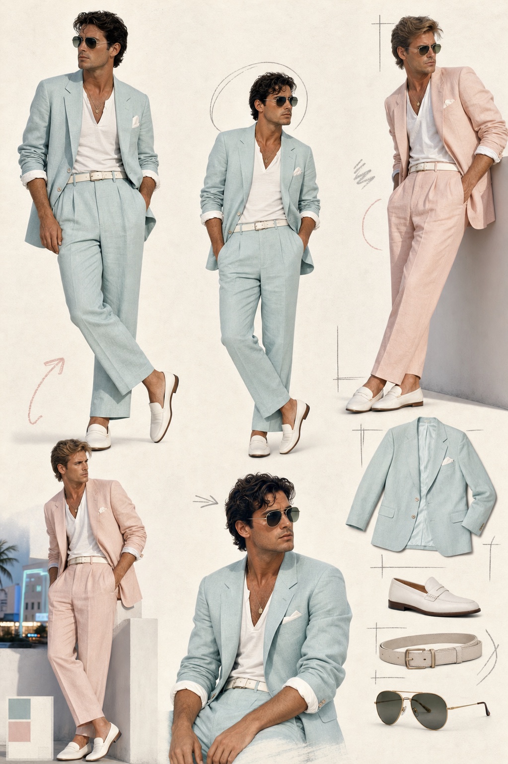 Original editorial fashion plate with fictional adult male models in pastel linen suits, white T-shirts and loafers inspired by 1980s Miami television style.