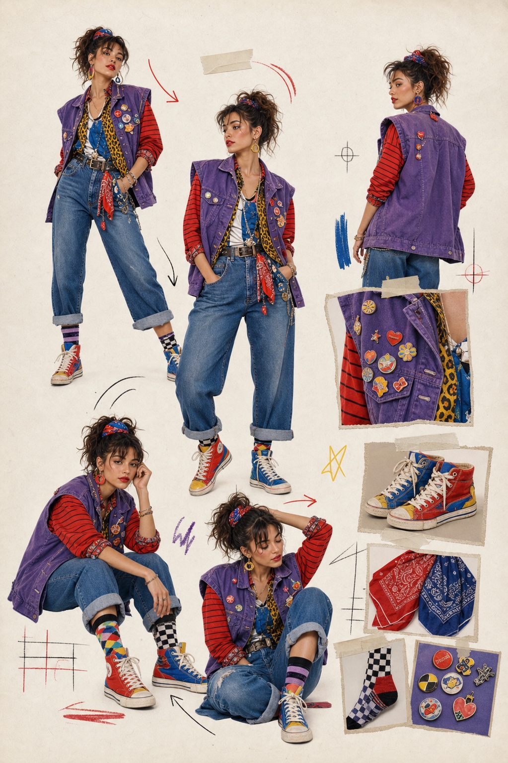 Original editorial fashion plate with a fictional adult woman wearing mismatched colorful high-tops, rolled denim, bandanas and a pin-covered purple vest.